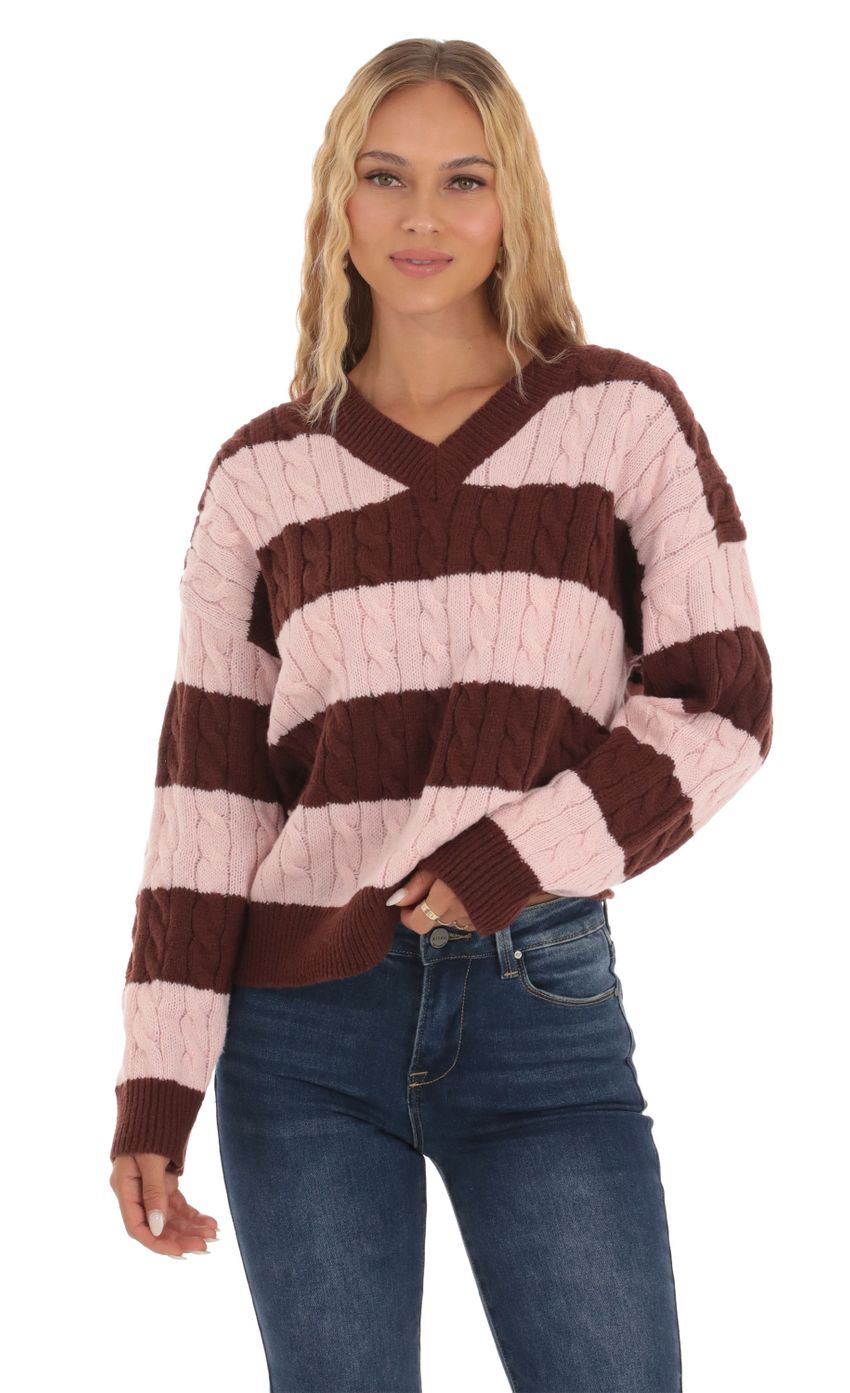 Picture Cable Knit Jumper in Pink and Brown. Source: https://media-img.lucyinthesky.com/data/Sep23/850xAUTO/ade00481-cce0-4e77-8615-58cba68d9a1d.jpg