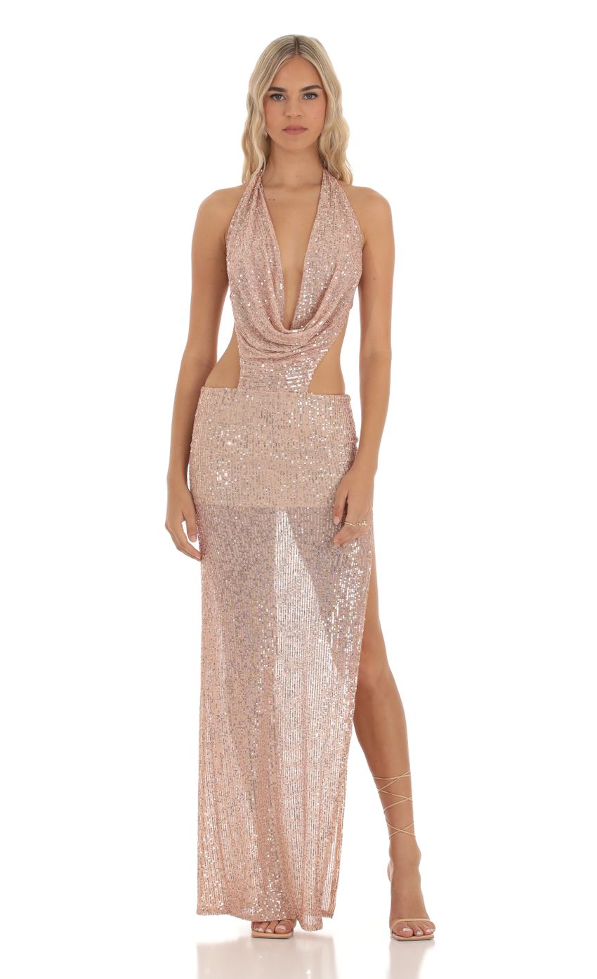Product image for Melia Sequin Plunge Cowl Neck Dress in Champagne