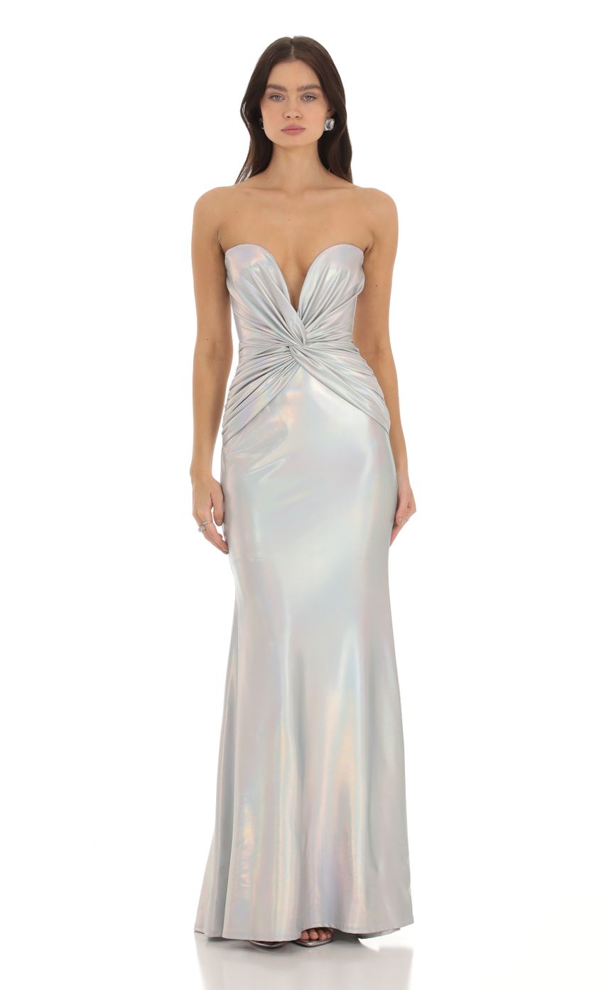 Picture Diaval Metallic Twist Strapless Dress in Silver. Source: https://media-img.lucyinthesky.com/data/Sep23/850xAUTO/b8f669fd-bfd8-4e01-9f52-dcc995cc5603.jpg