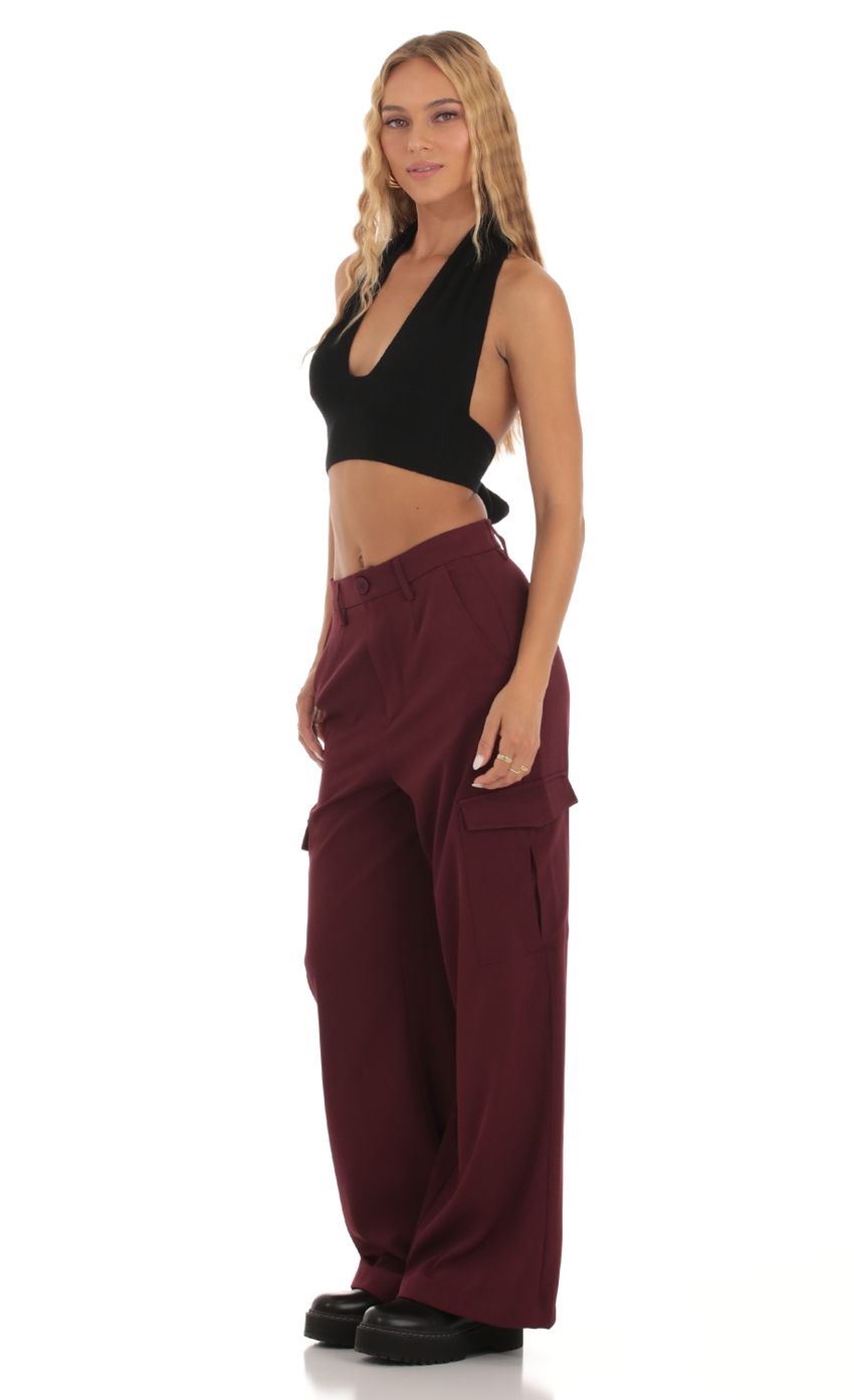 Picture Wide Leg Cargo Pants in Maroon. Source: https://media-img.lucyinthesky.com/data/Sep23/850xAUTO/c18020ff-0ad6-41f2-94d9-b953c532793b.jpg