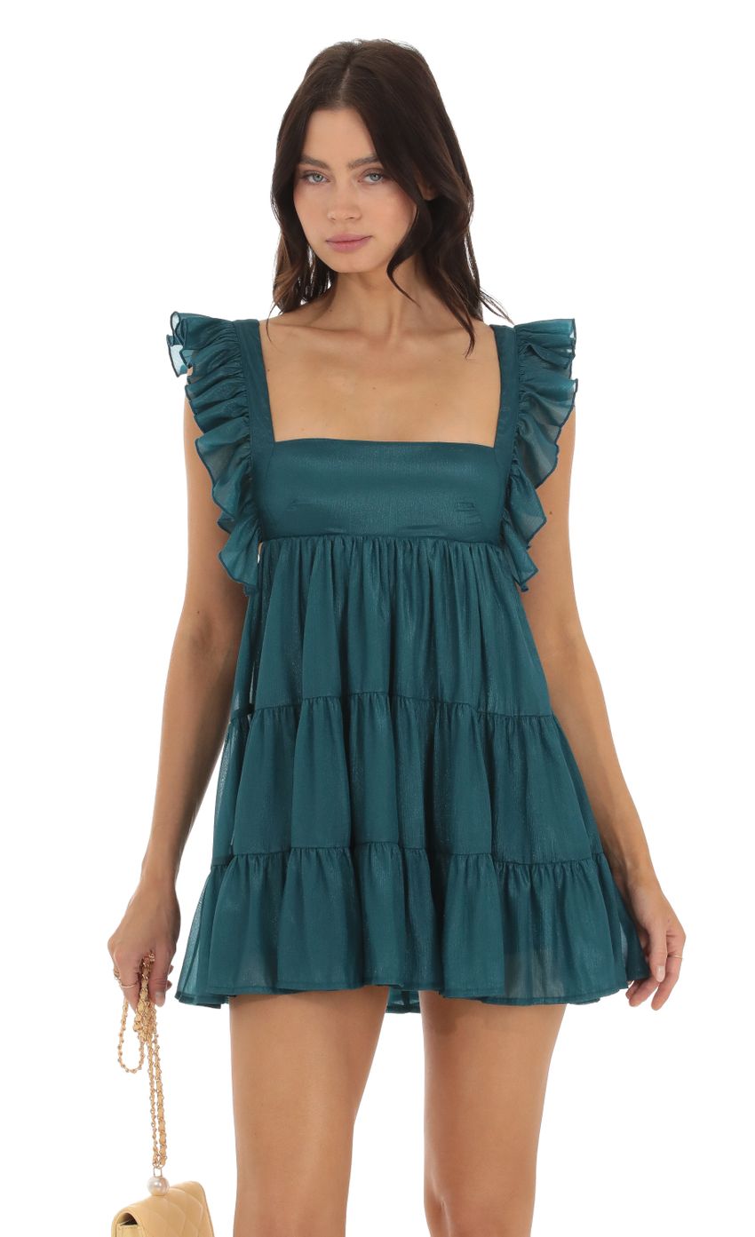 Product image for Gisela Chiffon Baby Doll Ruffle Dress in Teal