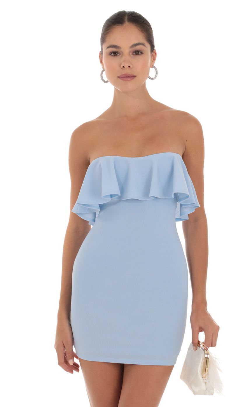 Picture Ruffle Strapless Bodycon Dress in Blue. Source: https://media-img.lucyinthesky.com/data/Sep23/850xAUTO/d0ee2603-9df7-4391-8f8d-18a3062a69ad.jpg