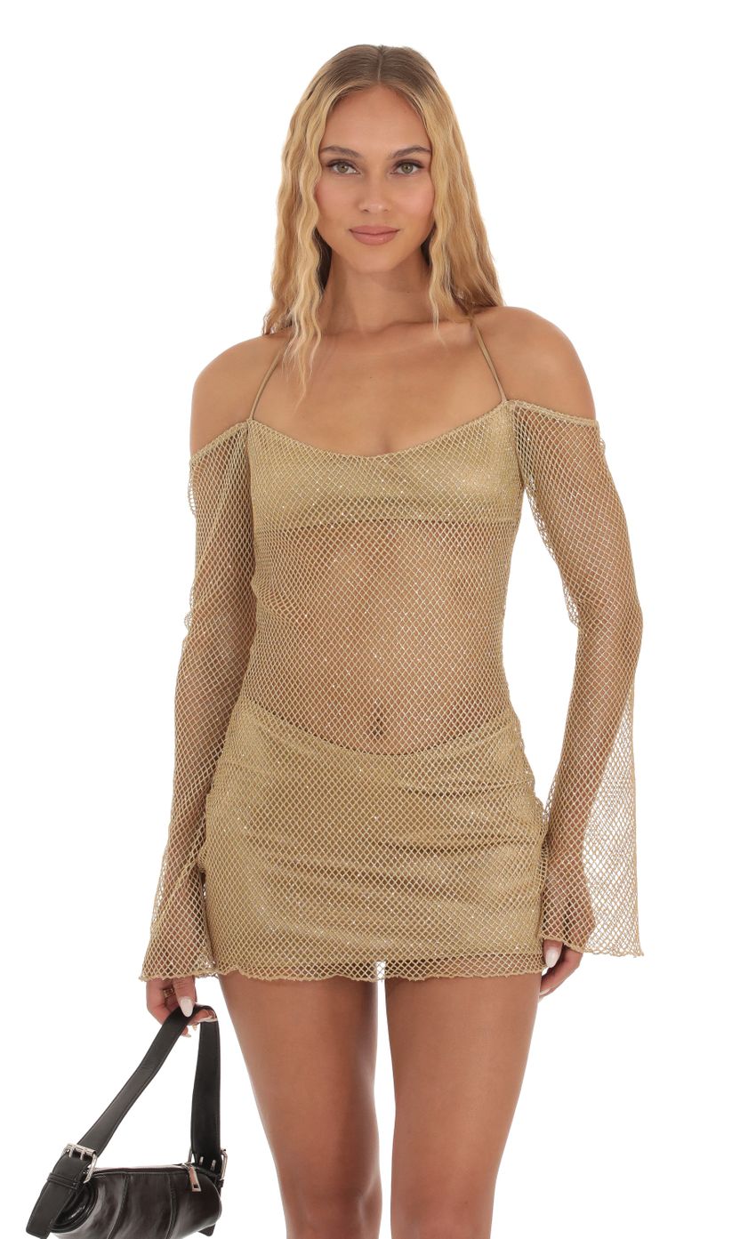 Picture Shimmer Fishnet Off Shoulder Dress in Gold. Source: https://media-img.lucyinthesky.com/data/Sep23/850xAUTO/d323f35c-3a09-4d4e-9305-411931266056.jpg