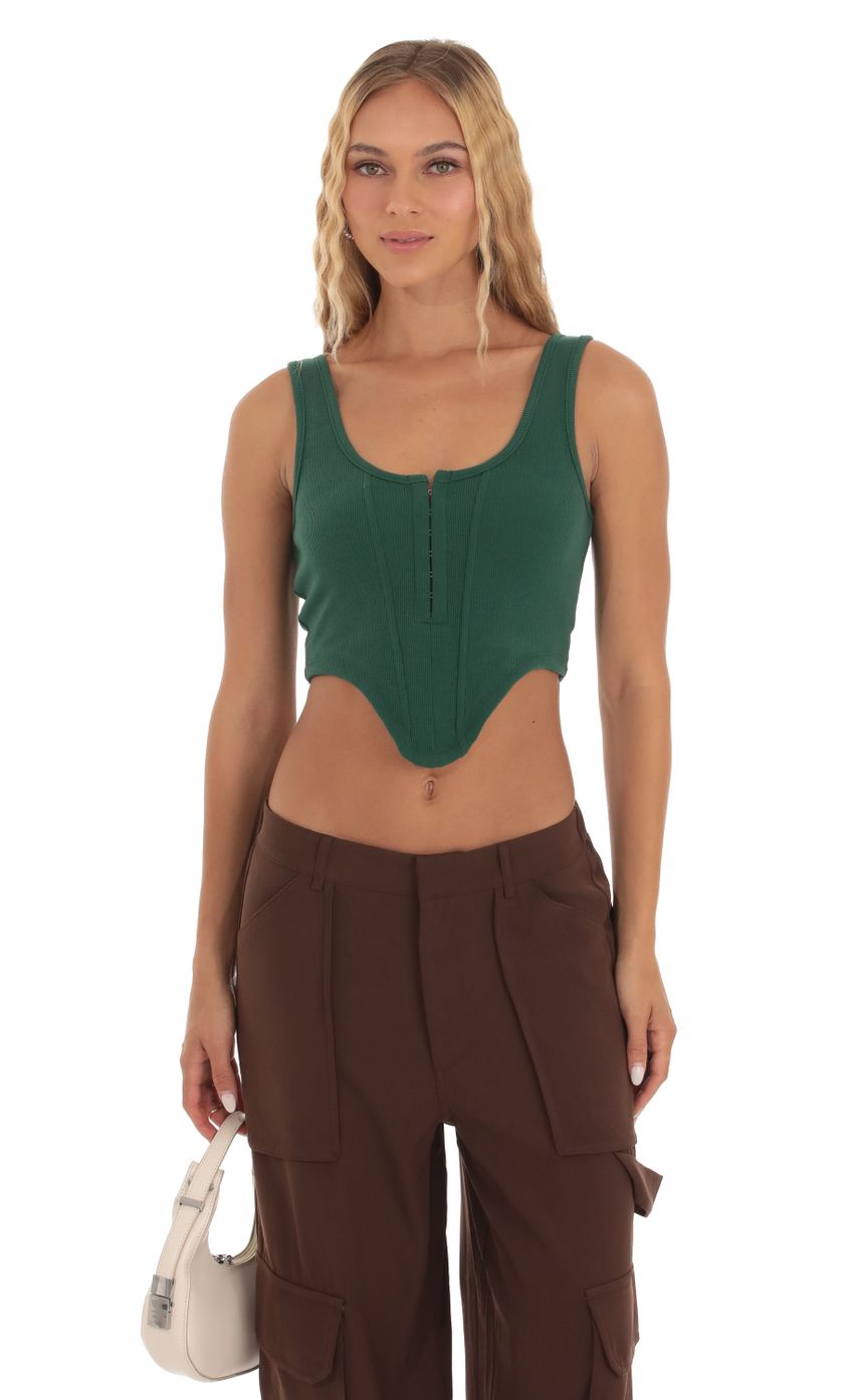 Picture Ribbed Corset Tank Top in Green. Source: https://media-img.lucyinthesky.com/data/Sep23/850xAUTO/e488768c-6c46-4609-b7eb-54826c3c6bb1.jpg