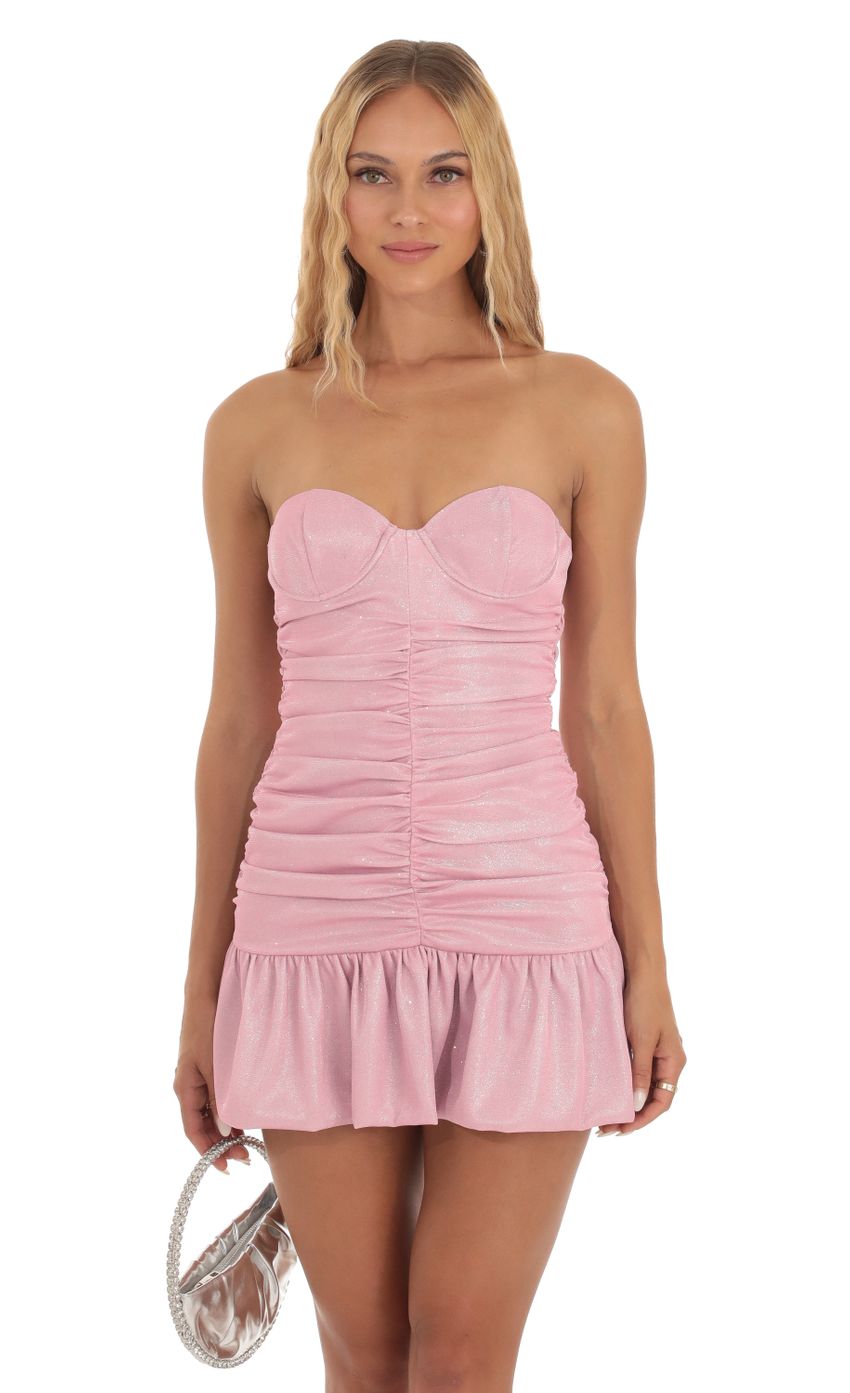 Picture Shimmer Strapless Ruched Dress in Pink. Source: https://media-img.lucyinthesky.com/data/Sep23/850xAUTO/f298b73a-0f2f-4b2c-8ce3-946306c7909c.jpg
