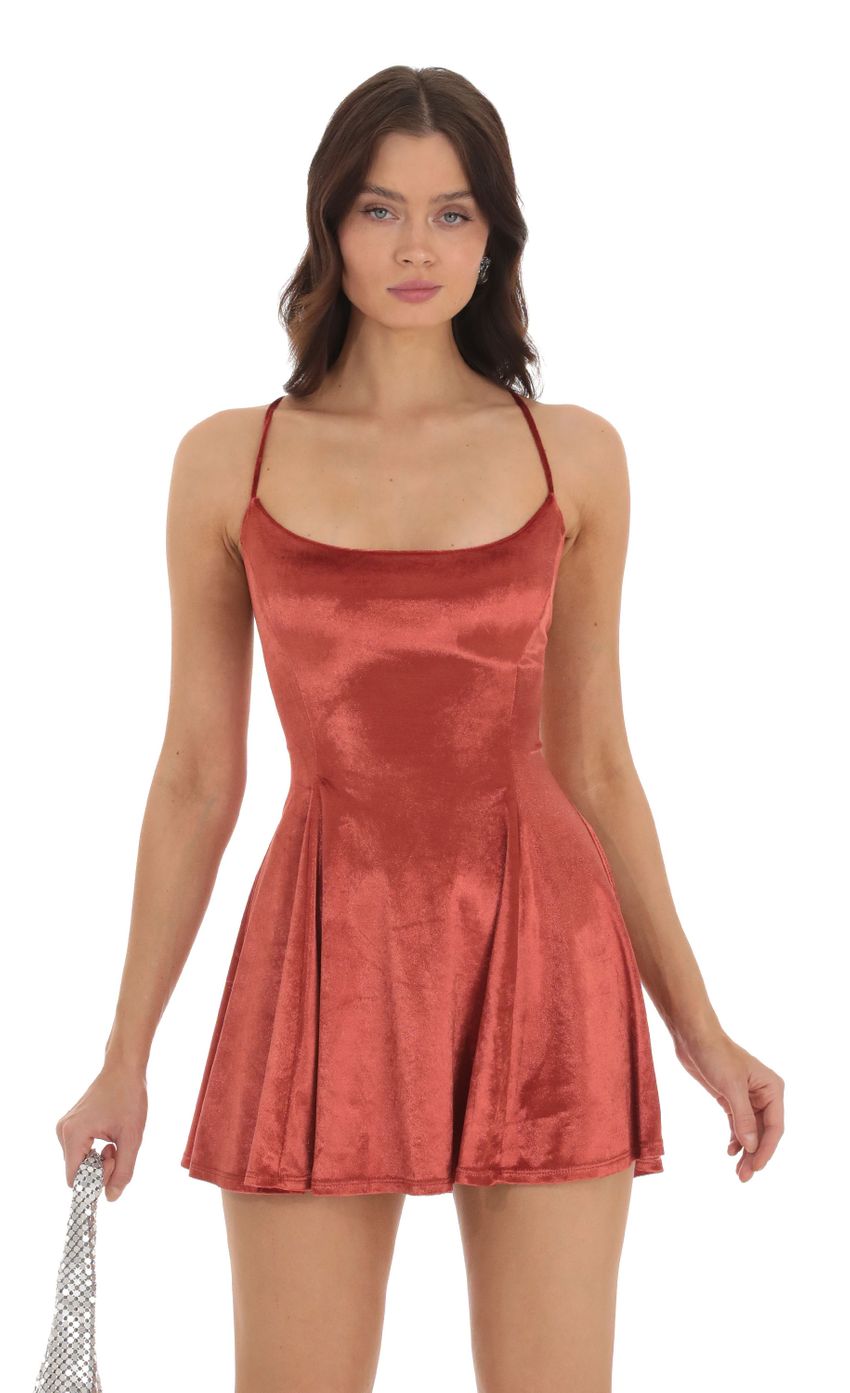 Picture Velvet A-Line Dress in Rust. Source: https://media-img.lucyinthesky.com/data/Sep23/850xAUTO/fa717527-3be7-4663-82bd-87b25074671d.jpg