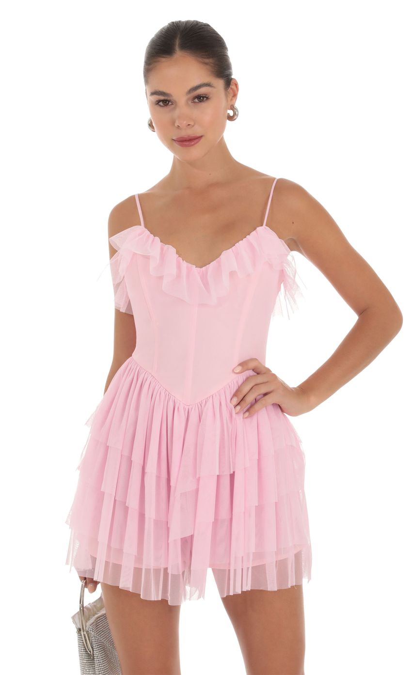 Picture Kailin Corset Ruffle Romper in Pink. Source: https://media-img.lucyinthesky.com/data/Sep23/850xAUTO/fb21a637-9755-4c79-bce0-ff05a9f3176b.jpg