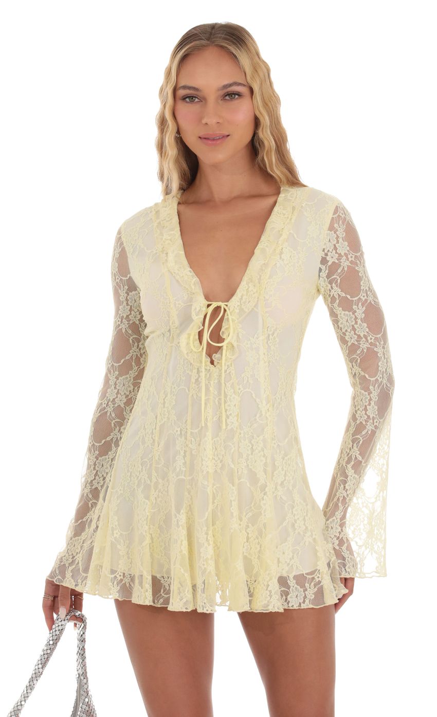 Picture Lace Plunge Neck Dress in Yellow. Source: https://media-img.lucyinthesky.com/data/Sep23/850xAUTO/feb23dcb-e4ad-4812-be0a-174c73bb878b.jpg