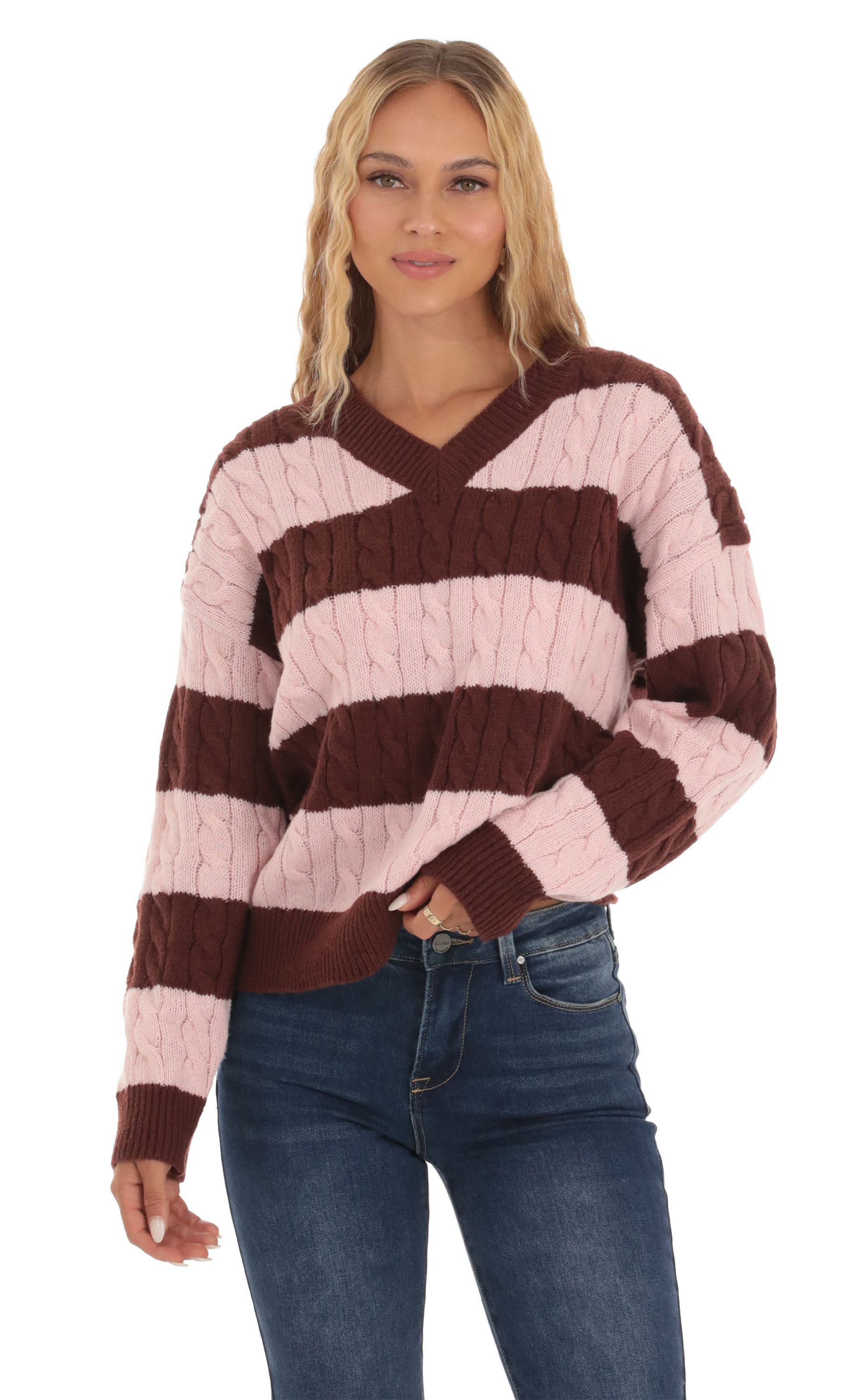 Cable Knit Jumper in Pink and Brown