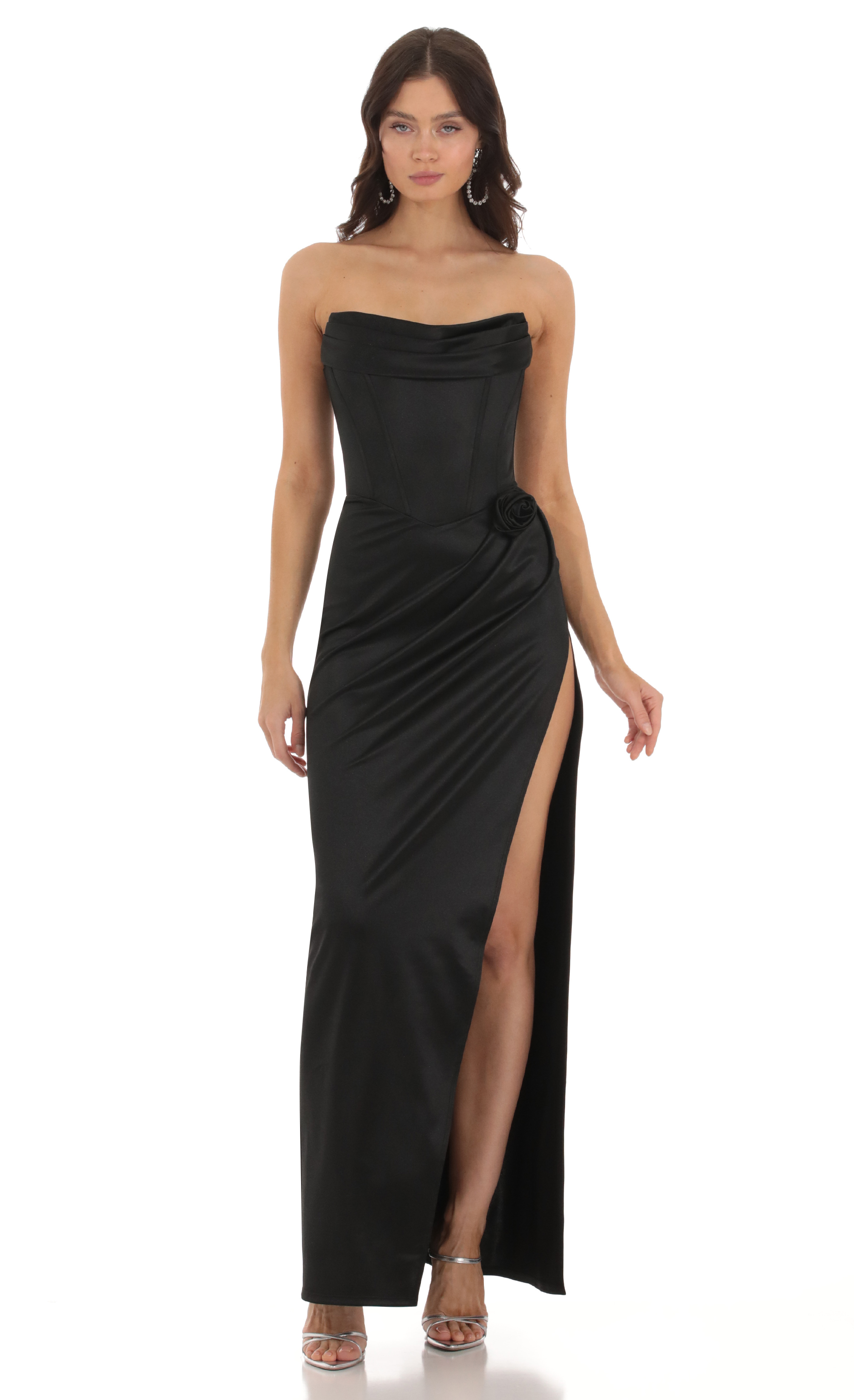 Jayella Flower Strapless Maxi Dress in Black
