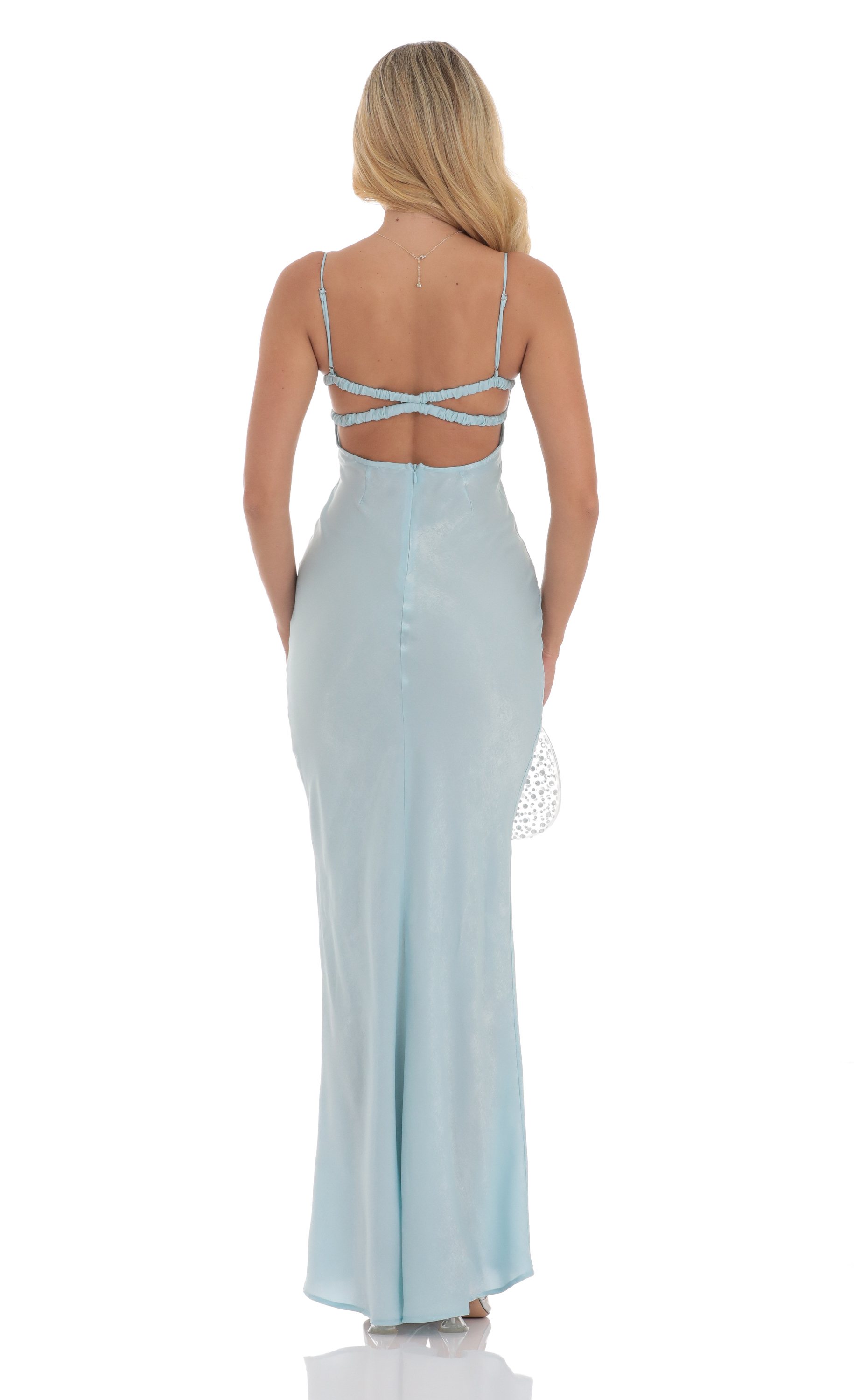 Satin Open Back Maxi Dress in Light Blue