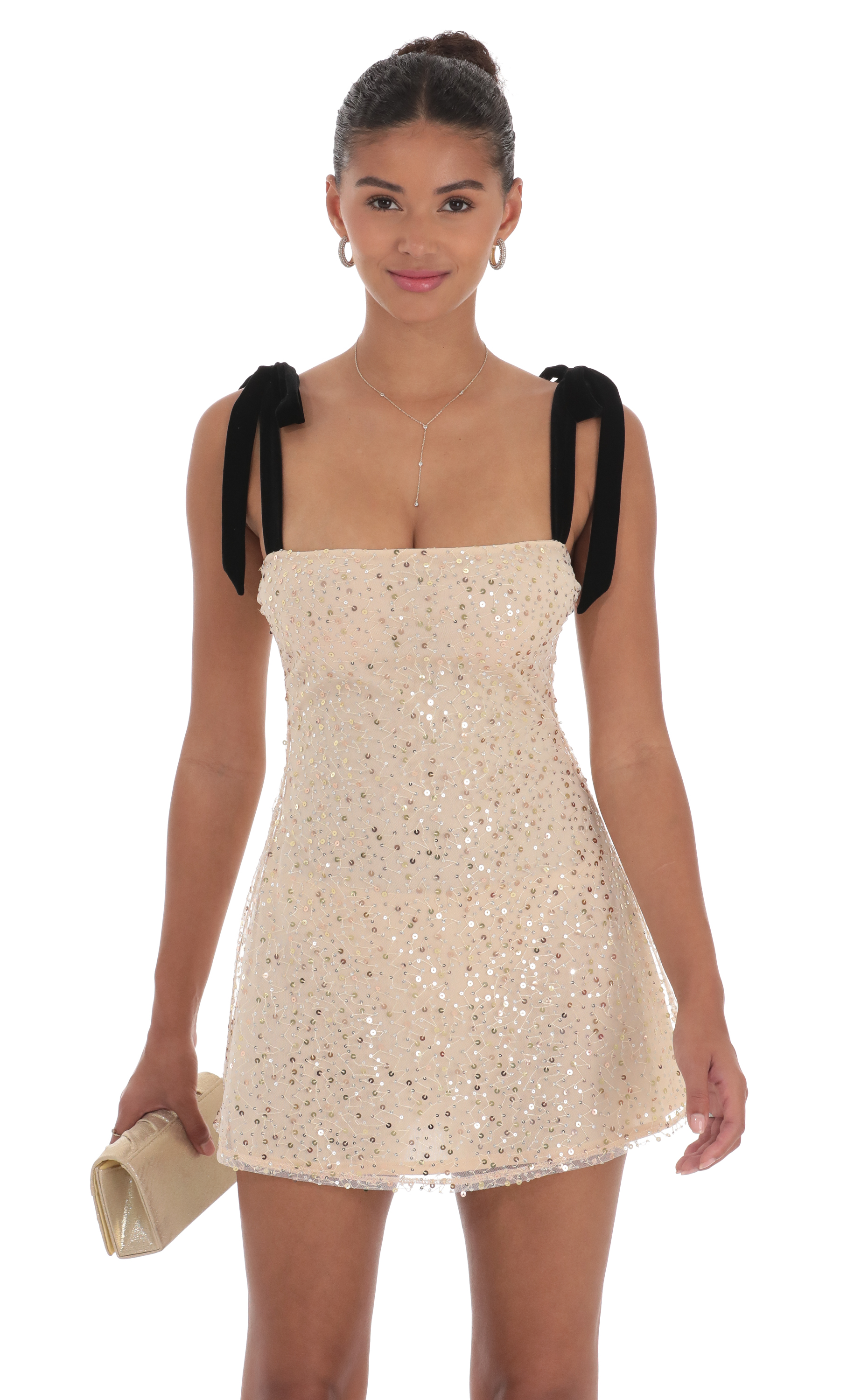 Sequin Velvet Strap Dress in Beige