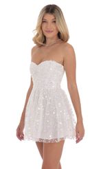 Picture Iridescent Sequin Strapless A-Line Dress in White. Source: https://media-img.lucyinthesky.com/data/Sep24/150xAUTO/3a0661ff-4ee9-480e-8f4a-b5dbd0b8710c.jpg