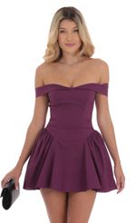 Picture Off Shoulder Fit and Flare Dress in Purple. Source: https://media-img.lucyinthesky.com/data/Sep24/150xAUTO/47375077-1f7c-49d7-9a9c-cec05a42168f.jpg