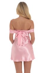 Picture Satin Off Shoulder Dress in Pink. Source: https://media-img.lucyinthesky.com/data/Sep24/150xAUTO/669f3e1f-f01e-4238-9247-d553f5423ac0.jpg