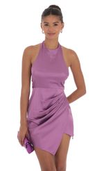 Picture Satin Halter High Neck Dress in Purple. Source: https://media-img.lucyinthesky.com/data/Sep24/150xAUTO/852bb37d-5722-4f0e-9504-921a26fef89c.jpg