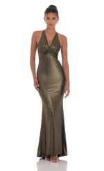 Picture Foiled Twist V-Neck Maxi Dress in Black and Gold. Source: https://media-img.lucyinthesky.com/data/Sep24/150xAUTO/a29a7bef-9696-45ac-81c8-e429e350fe31.jpg