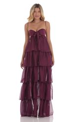 Picture Chiffon Front Tie Ruffle Dress in Plum. Source: https://media-img.lucyinthesky.com/data/Sep24/150xAUTO/a73edee3-dc6f-4ac5-b4cd-426c309b3dde.jpg