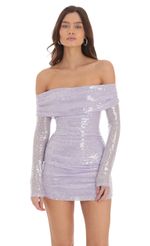 Picture Sequin Off Shoulder Long Sleeve Lace Dress in Lavender. Source: https://media-img.lucyinthesky.com/data/Sep24/150xAUTO/aa89c8b2-3564-4f71-bf55-c0c7062cc607.jpg