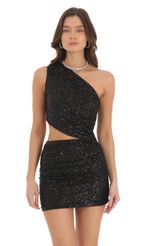 Picture Sequin One Shoulder Cutout Dress in Black. Source: https://media-img.lucyinthesky.com/data/Sep24/150xAUTO/f412ad78-85c2-43b9-9dbb-f1c1b30edbce.jpg