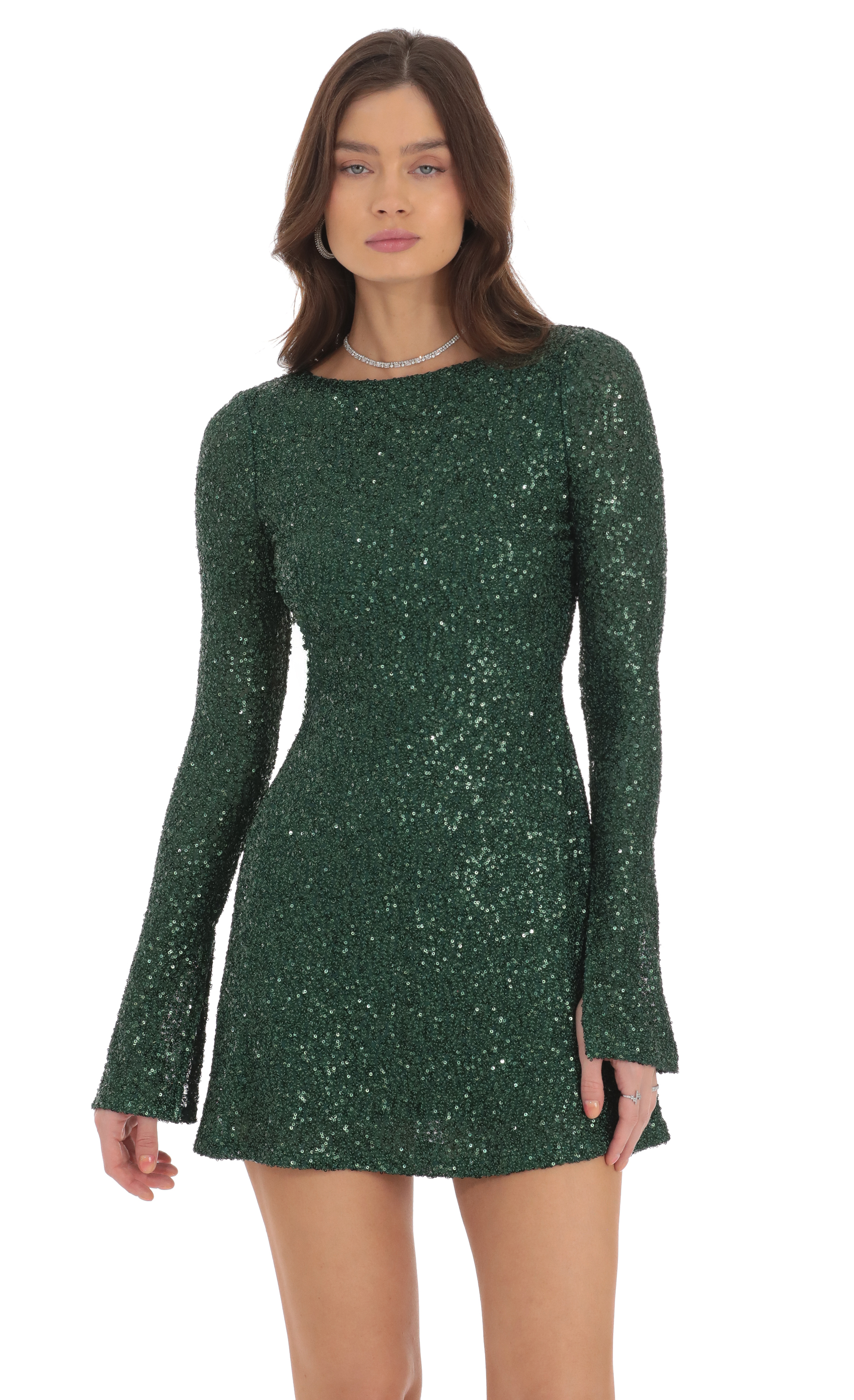 Green Sequin Mini Dress Long Sleeve Sparkly Bodycon Dress Sequin Long  Sleeve Open Back Dress In Green LUCY IN THE SKY