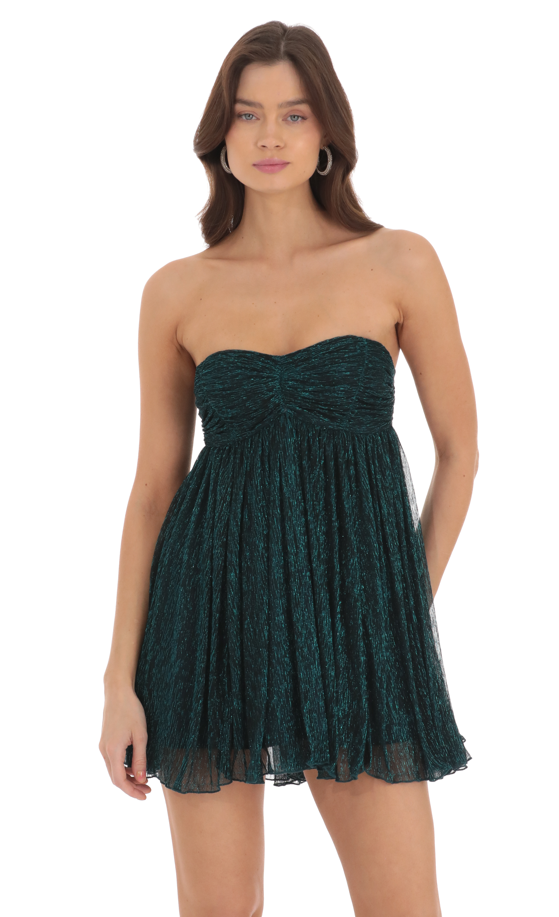 Teal Shimmer Strapless Babydoll Dress in Black