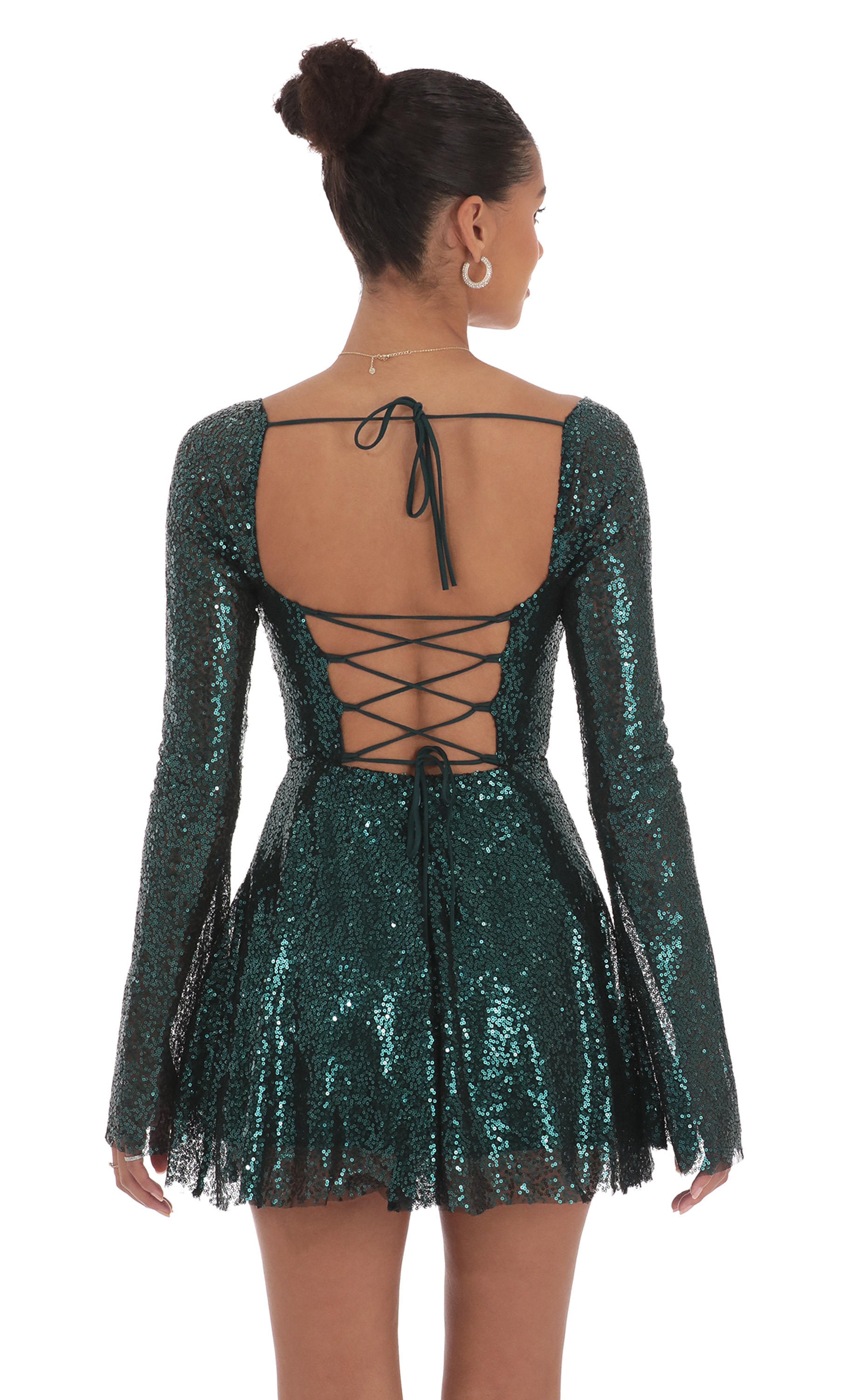 Sequin Long Sleeve Fit and Flare Dress in Green