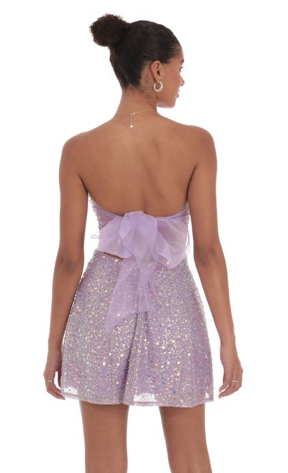 Sequin Glitter Strapless Fit and Flare Dress in Lilac | LUCY