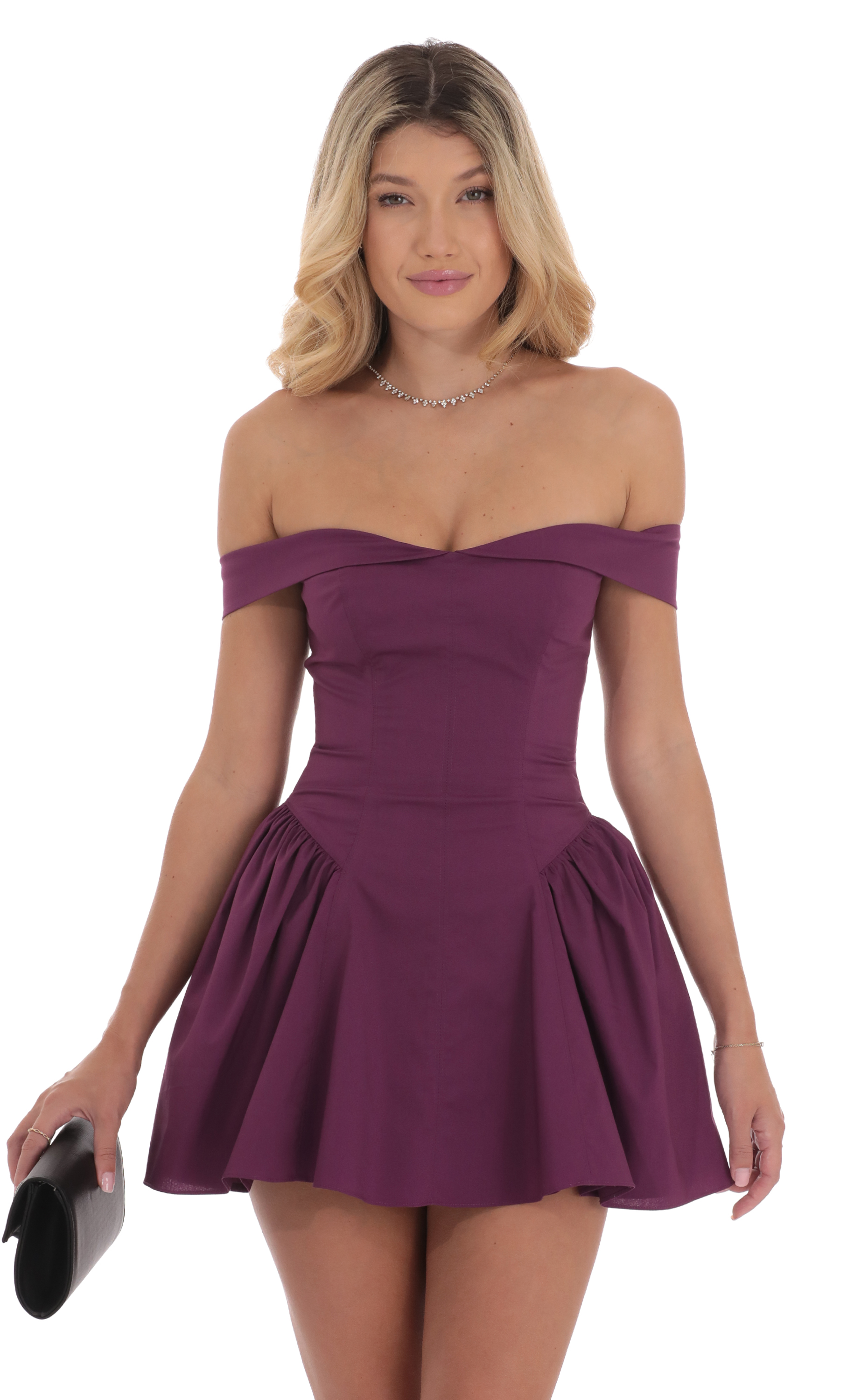 Off Shoulder Fit and Flare Dress in Purple