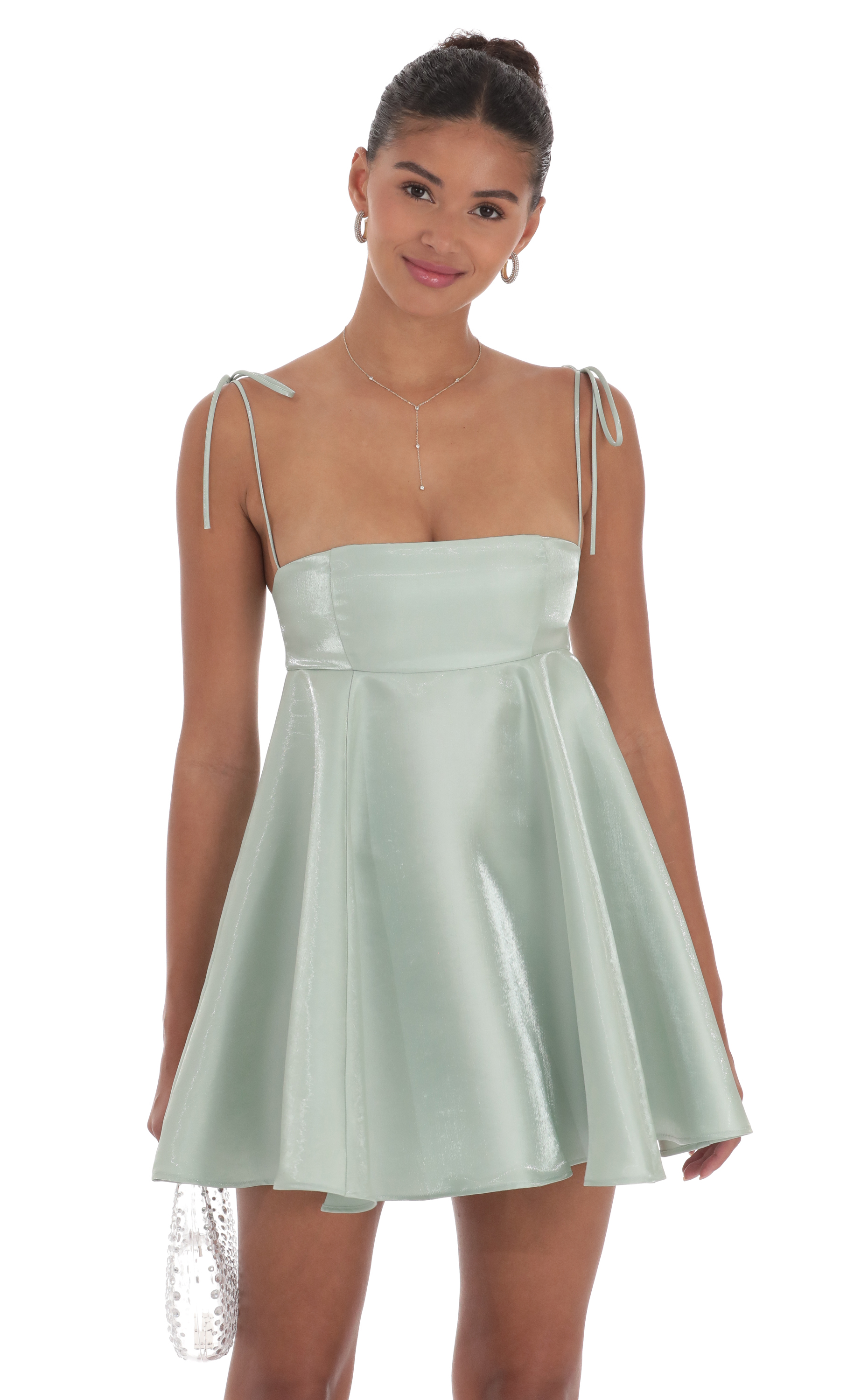 Sheen Flare Babydoll Dress in Sage Green