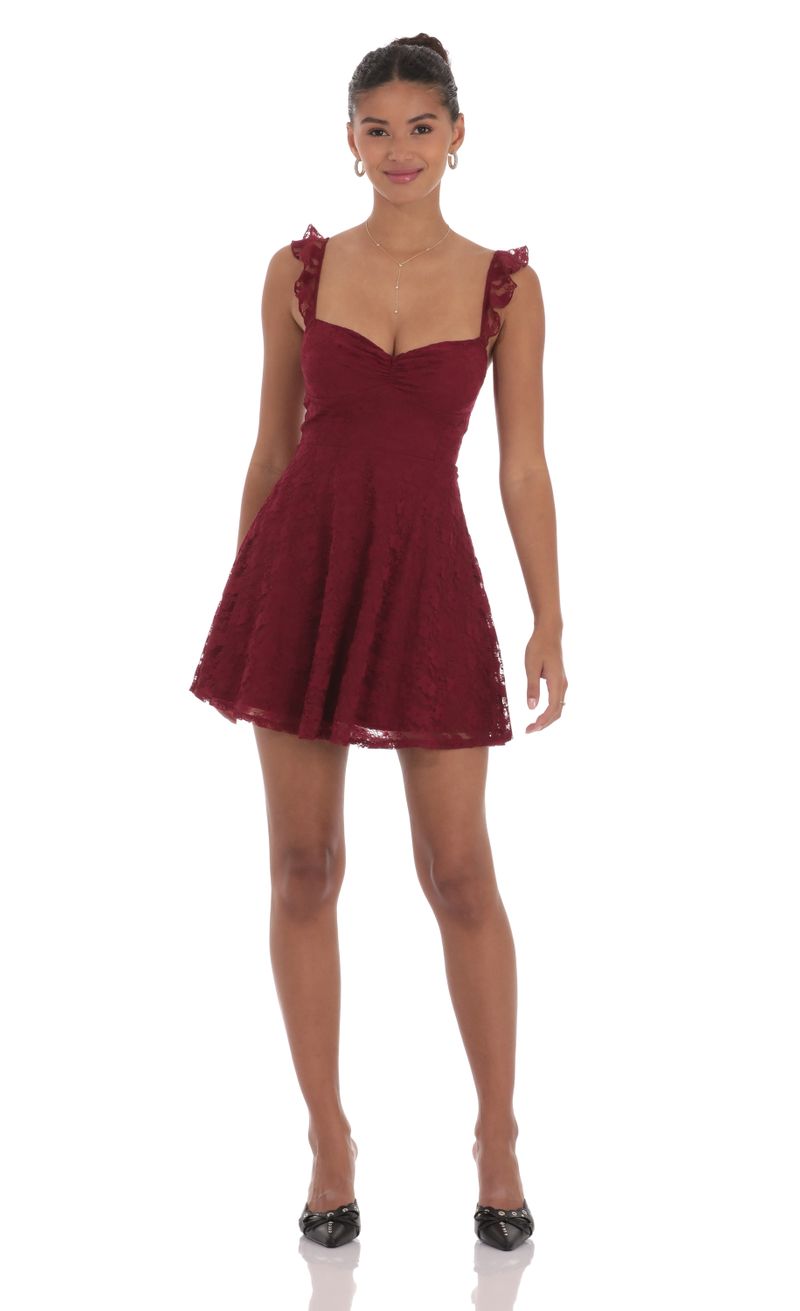 Lace Ruffle Strap A-Line Dress in Burgundy | LUCY IN THE SKY