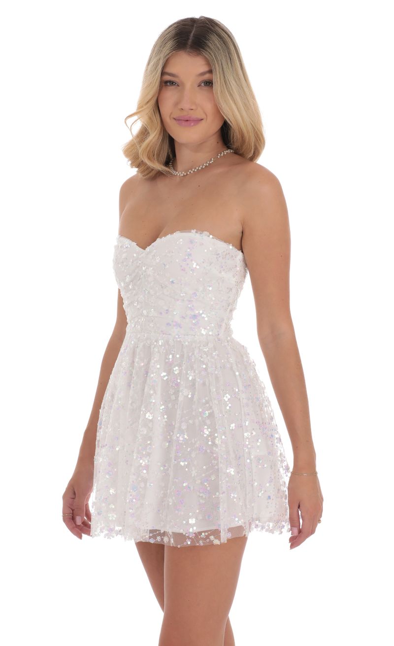 Iridescent Sequin Strapless A-Line Dress in White | LUCY IN THE SKY Iridescent Sequin Strapless A-Line Dress in White | LUCY IN THE SKY