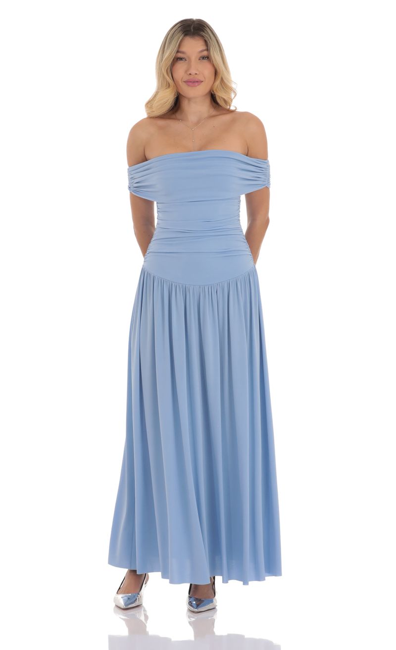 Off Shoulder Drop Waist Maxi Dress in Light Blue | LUCY IN THE SKY