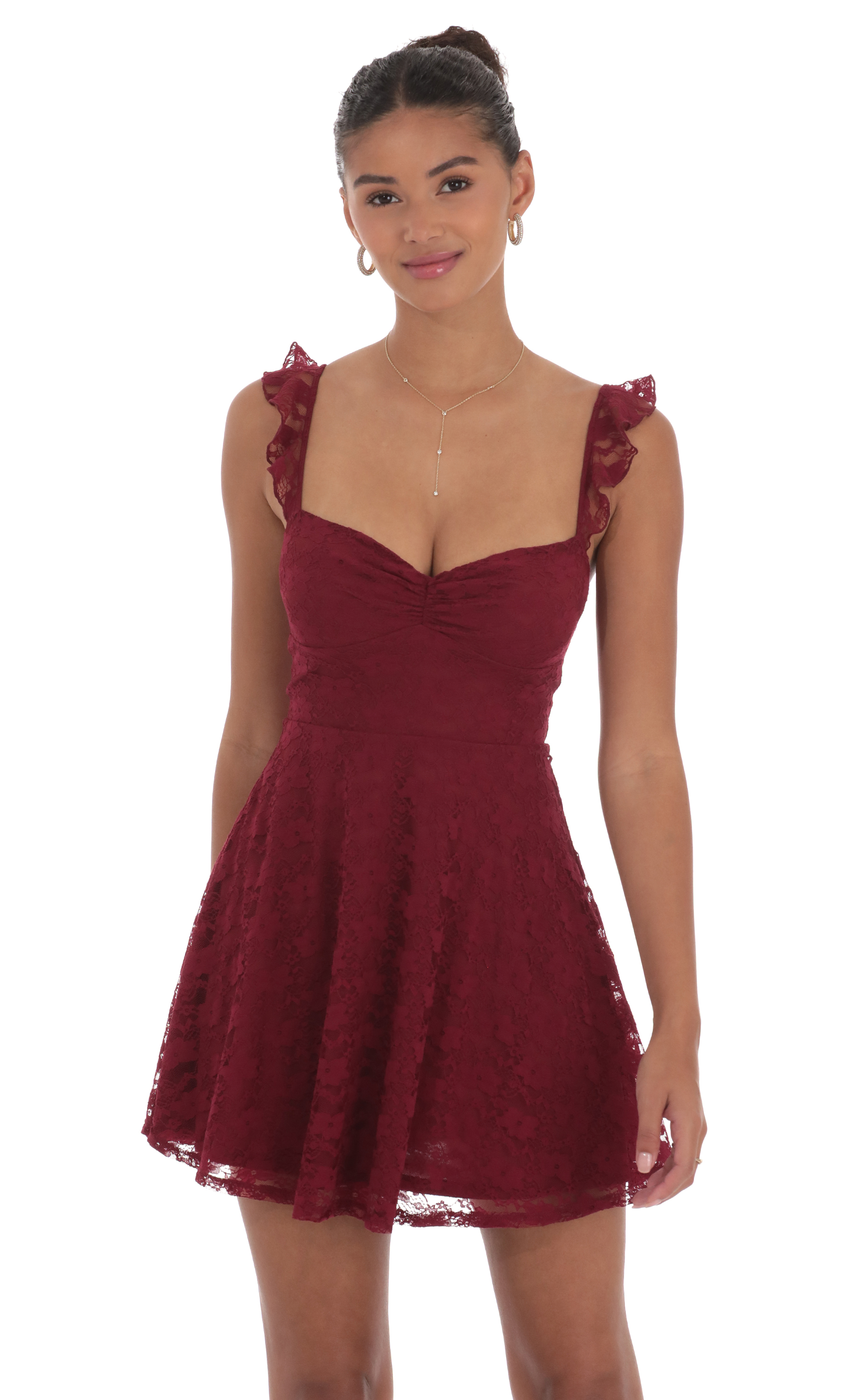 Lace Ruffle Strap A-Line Dress in Burgundy