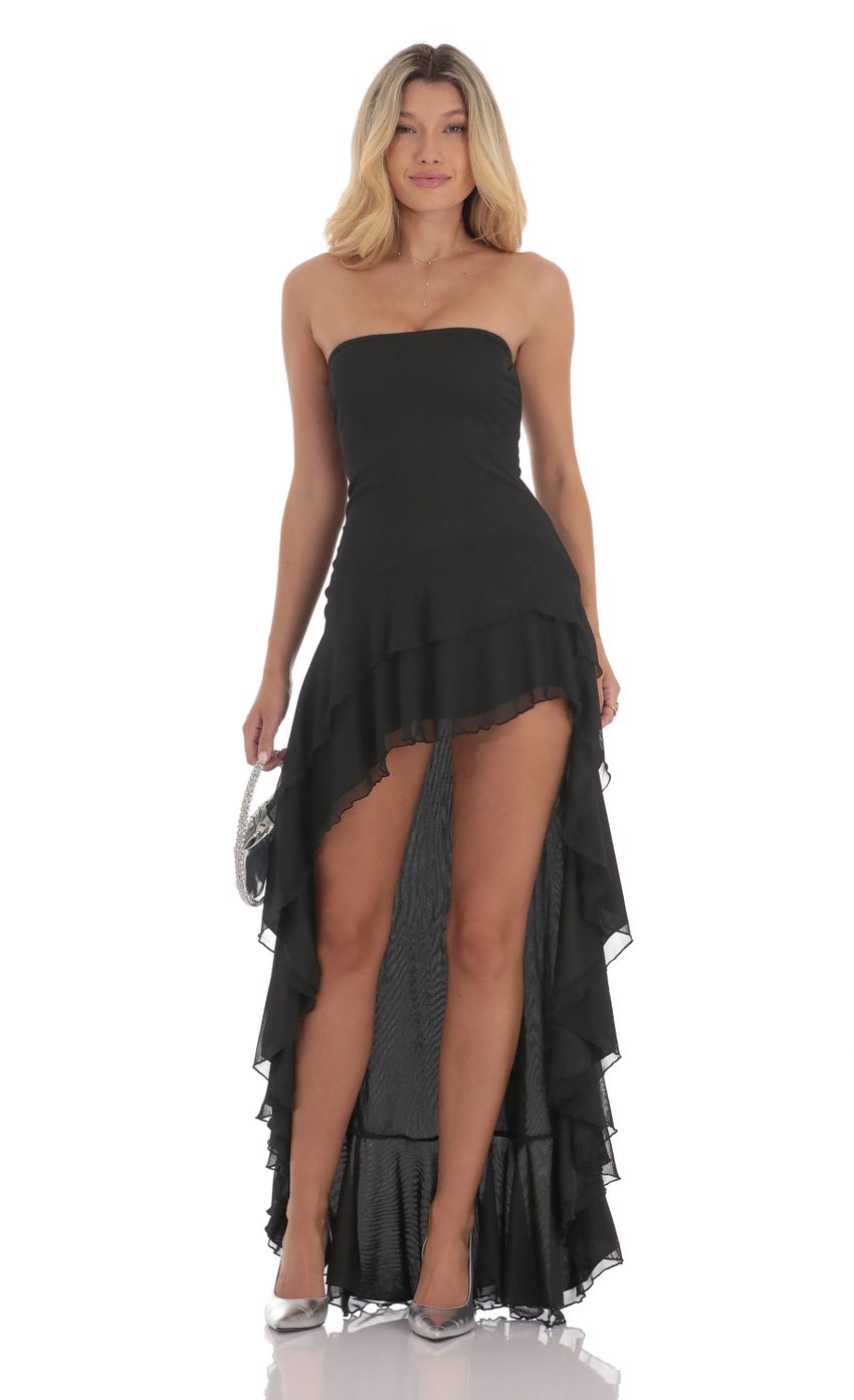 Picture Strapless Mesh High Low Dress in Black. Source: https://media-img.lucyinthesky.com/data/Sep24/850xAUTO/0d40e99e-b252-4d6f-a92a-8666424215c1.jpg