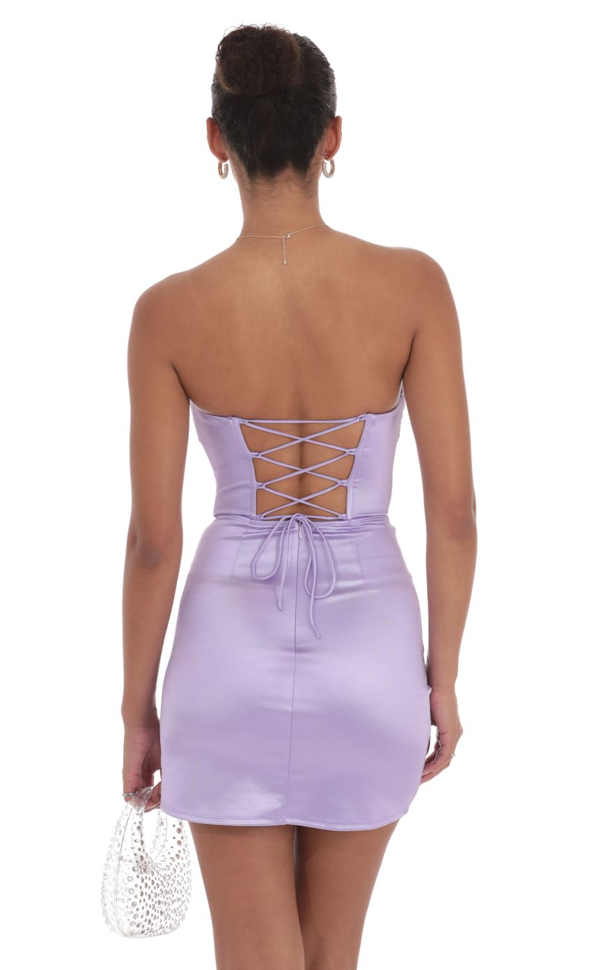 Picture Strapless Satin Ruched Slit Dress in Lilac. Source: https://media-img.lucyinthesky.com/data/Sep24/850xAUTO/12e71c42-ceca-45fb-ba85-5ae594904261.jpg