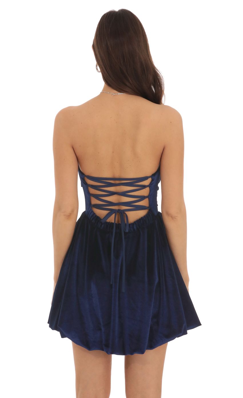 Picture Velvet Strapless Bubble Dress in navy. Source: https://media-img.lucyinthesky.com/data/Sep24/850xAUTO/16dde865-fc58-43c1-b9ee-e00db8a44552.jpg