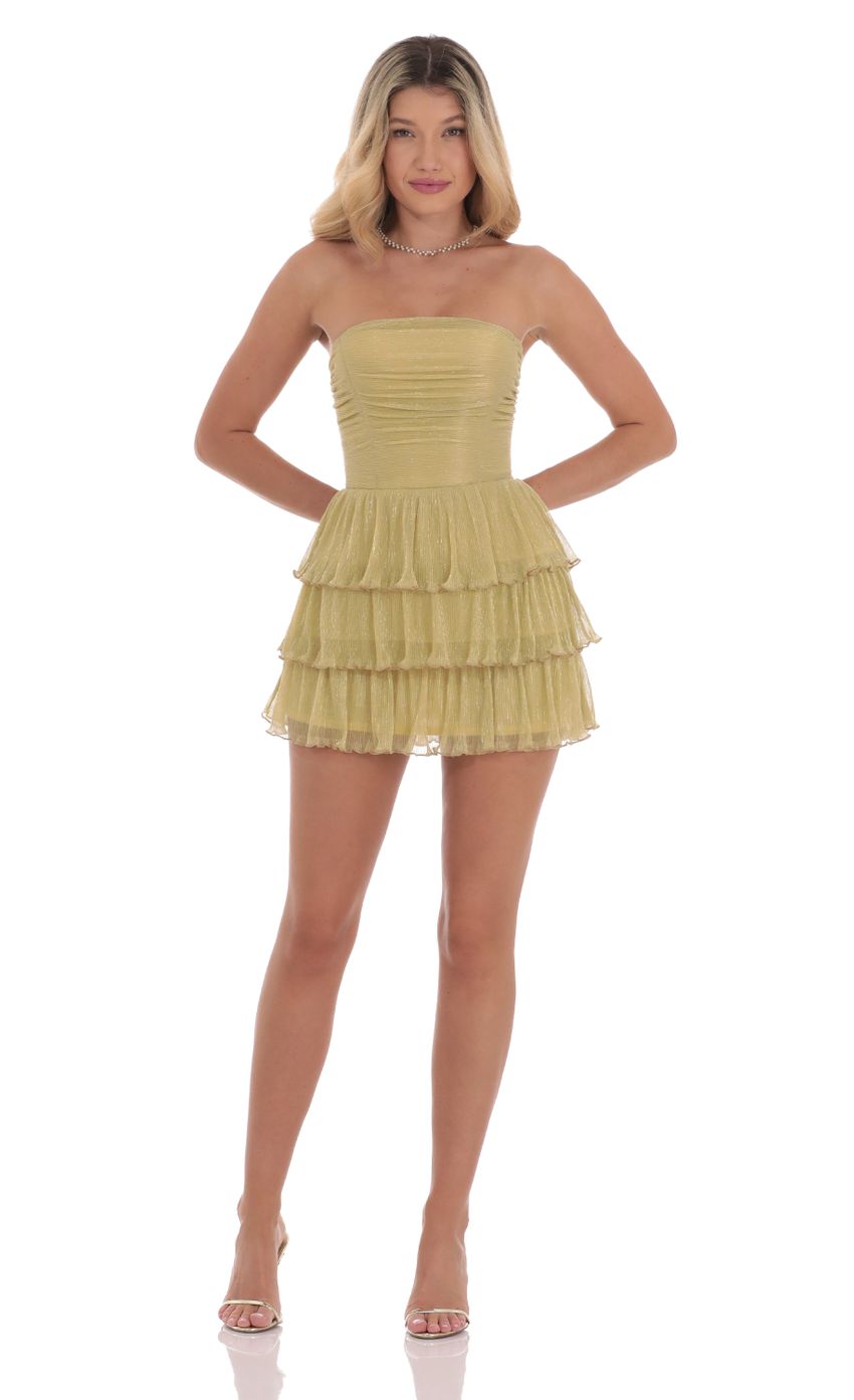 Picture Shimmer Pleated Ruffle Dress in Mustard. Source: https://media-img.lucyinthesky.com/data/Sep24/850xAUTO/1c9e0f5a-ad00-4a4f-990f-b90c7170ed78.jpg