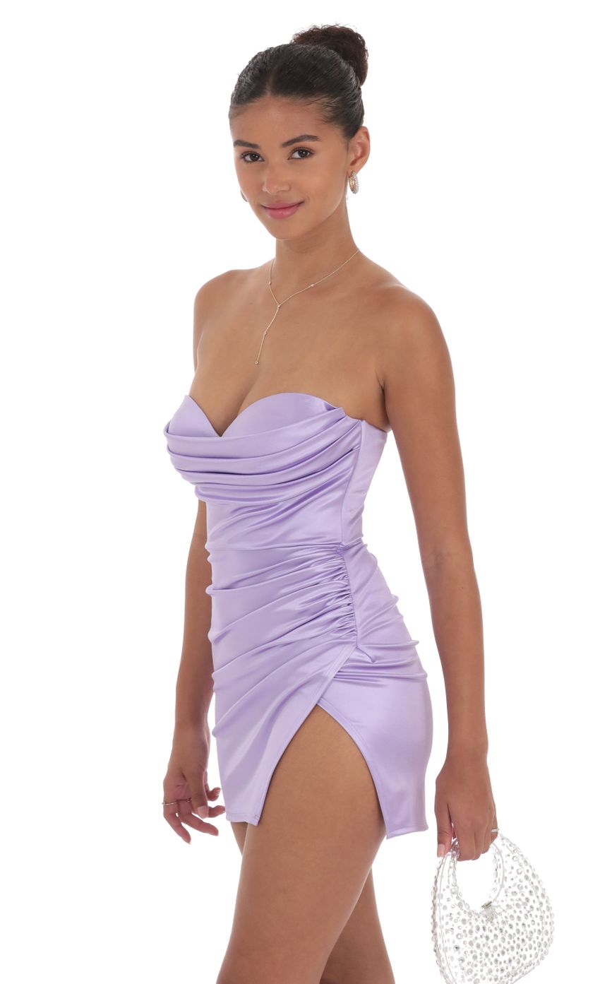 Picture Strapless Satin Ruched Slit Dress in Lilac. Source: https://media-img.lucyinthesky.com/data/Sep24/850xAUTO/1fa883c3-6a3d-454e-bcf1-2ca057994b80.jpg