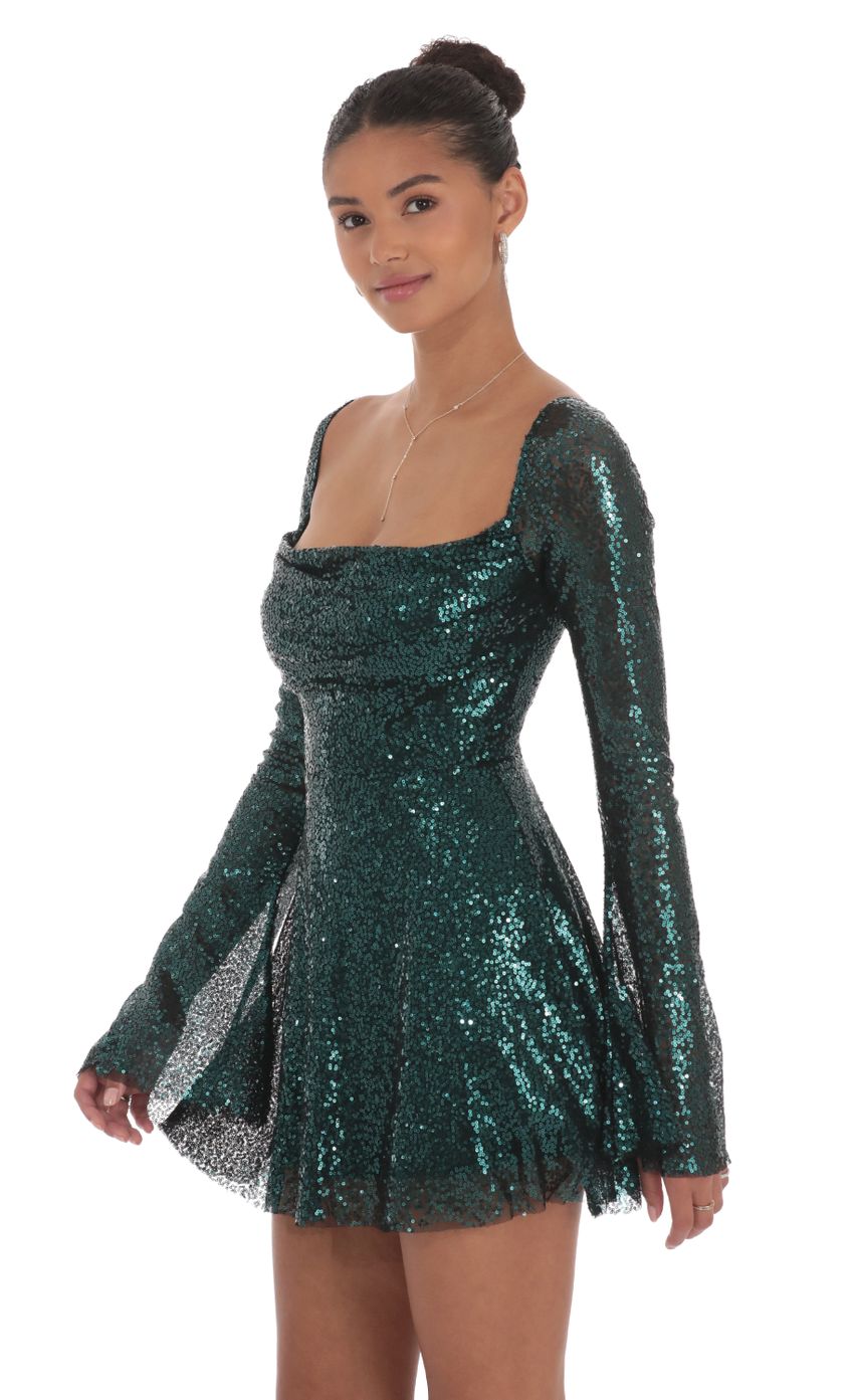 Picture Sequin Long Sleeve Fit and Flare Dress in Green. Source: https://media-img.lucyinthesky.com/data/Sep24/850xAUTO/22614c69-5184-41c6-9507-74214d968670.jpg