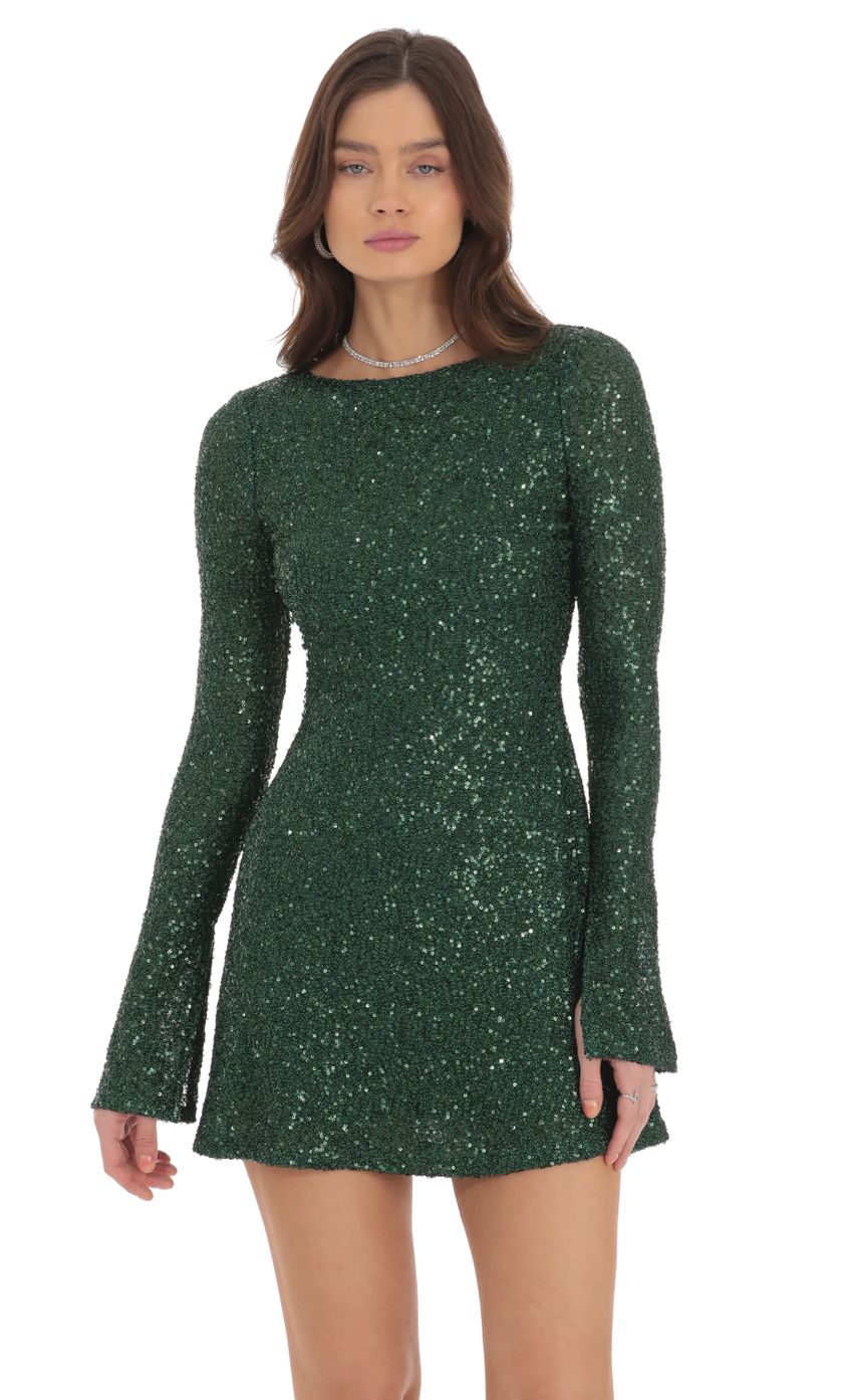 Picture Sequin Long Sleeve Open Back Dress in Green. Source: https://media-img.lucyinthesky.com/data/Sep24/850xAUTO/25866f46-e783-4304-9981-b78dd168aa90.jpg