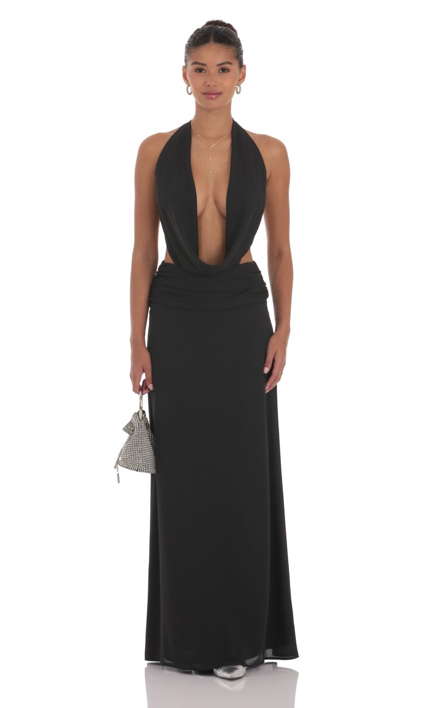 Picture Draped Halter Maxi Dress in Black. Source: https://media-img.lucyinthesky.com/data/Sep24/850xAUTO/2869e9a1-c3ab-4c15-bb05-3b0d6fd2a1cd.jpg