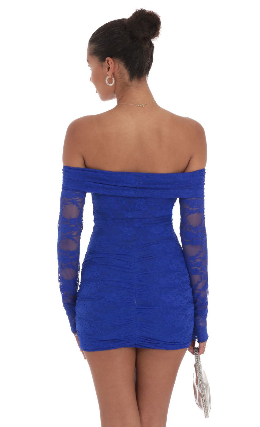 Picture Off Shoulder Long Sleeve Lace Dress in Blue. Source: https://media-img.lucyinthesky.com/data/Sep24/850xAUTO/2d29e601-ea84-4589-beb4-411955eaa0fc.jpg