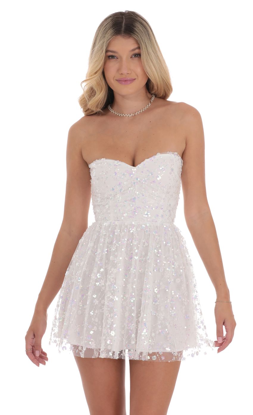 Picture Iridescent Sequin Strapless A-Line Dress in White. Source: https://media-img.lucyinthesky.com/data/Sep24/850xAUTO/2deac76a-0e08-4b62-8665-c712c91e7389.jpg