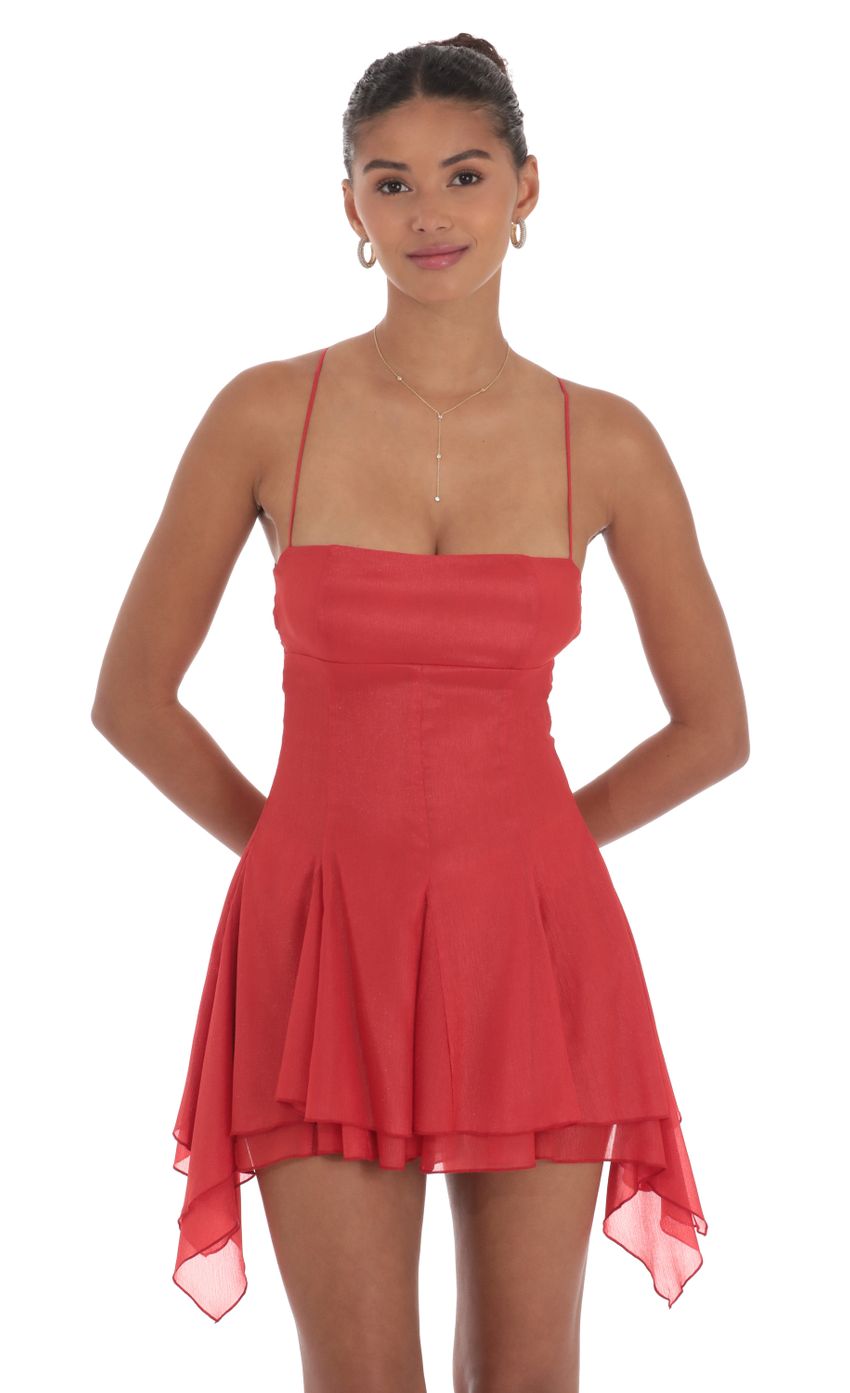 Picture Shimmer Asymmetrical Side Flare Dress in Red. Source: https://media-img.lucyinthesky.com/data/Sep24/850xAUTO/3519654d-7048-455c-b3b0-720af8c0c3b1.jpg