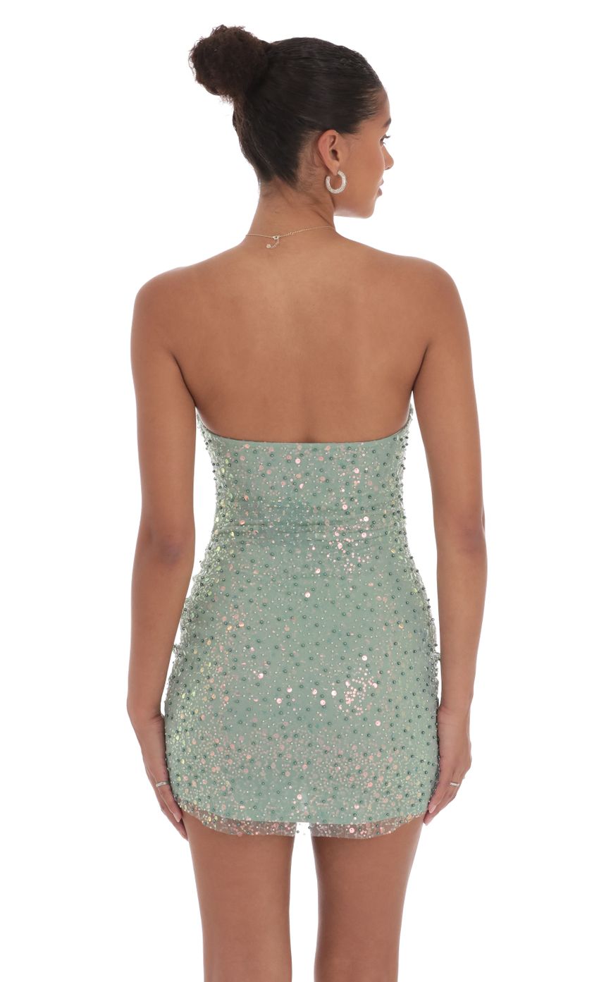 Picture Strapless Sequin Beaded Dress in Sage Green. Source: https://media-img.lucyinthesky.com/data/Sep24/850xAUTO/35724cba-15e6-47cc-a4dd-14a3b3bf9002.jpg