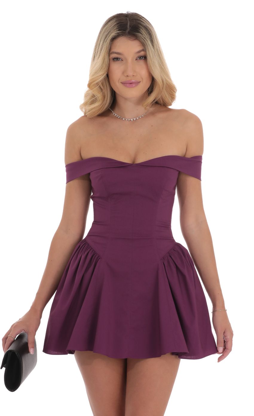 Picture Off Shoulder Fit and Flare Dress in Purple. Source: https://media-img.lucyinthesky.com/data/Sep24/850xAUTO/47375077-1f7c-49d7-9a9c-cec05a42168f.jpg