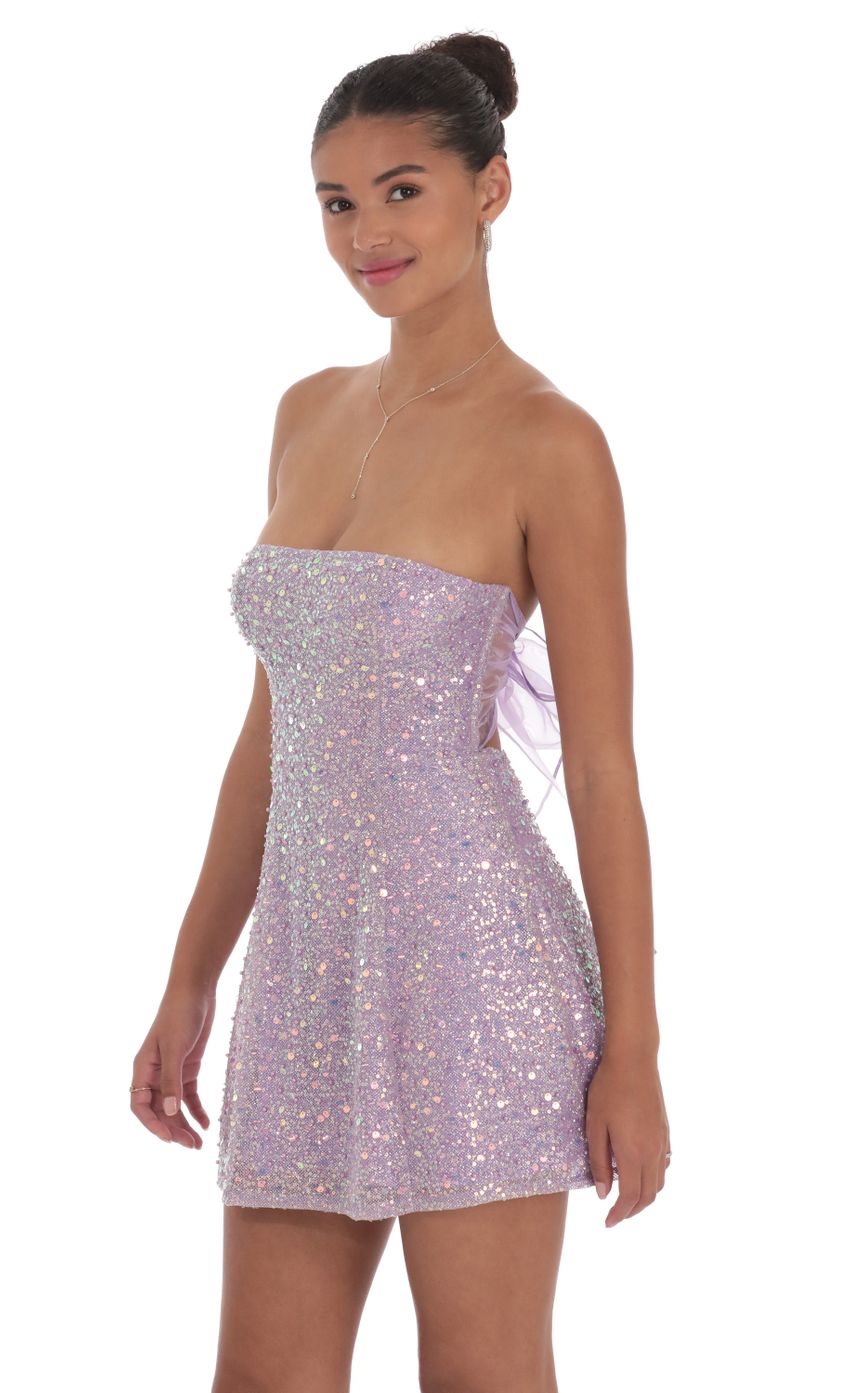 Picture Sequin Glitter Strapless Fit and Flare Dress in Lilac. Source: https://media-img.lucyinthesky.com/data/Sep24/850xAUTO/4d733352-8c93-4c1d-9d39-f154eb308431.jpg