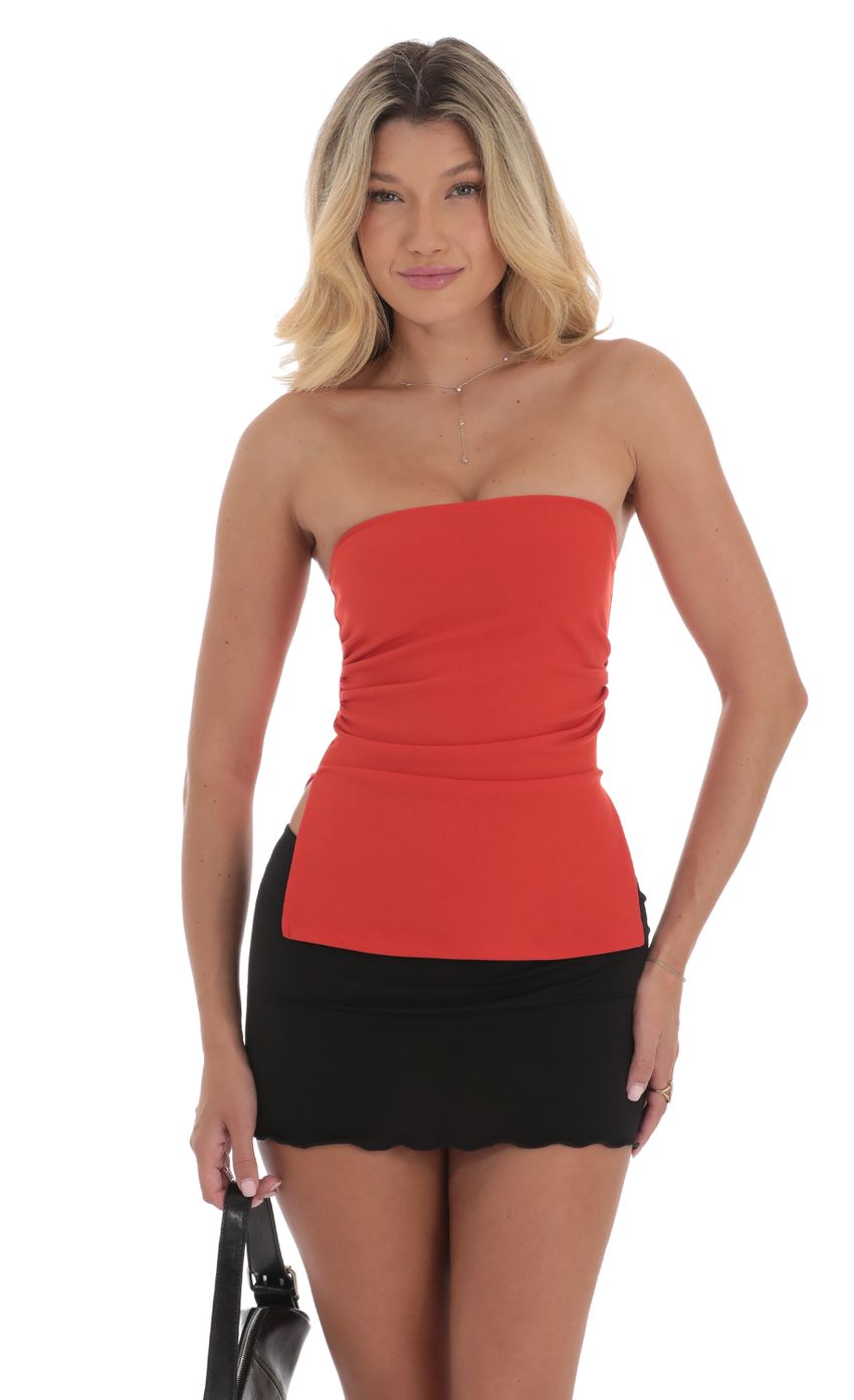 Picture Strapless Double Slit Top in Scarlett. Source: https://media-img.lucyinthesky.com/data/Sep24/850xAUTO/552c4b43-47f7-4cff-a205-4c8abe8e23d0.jpg