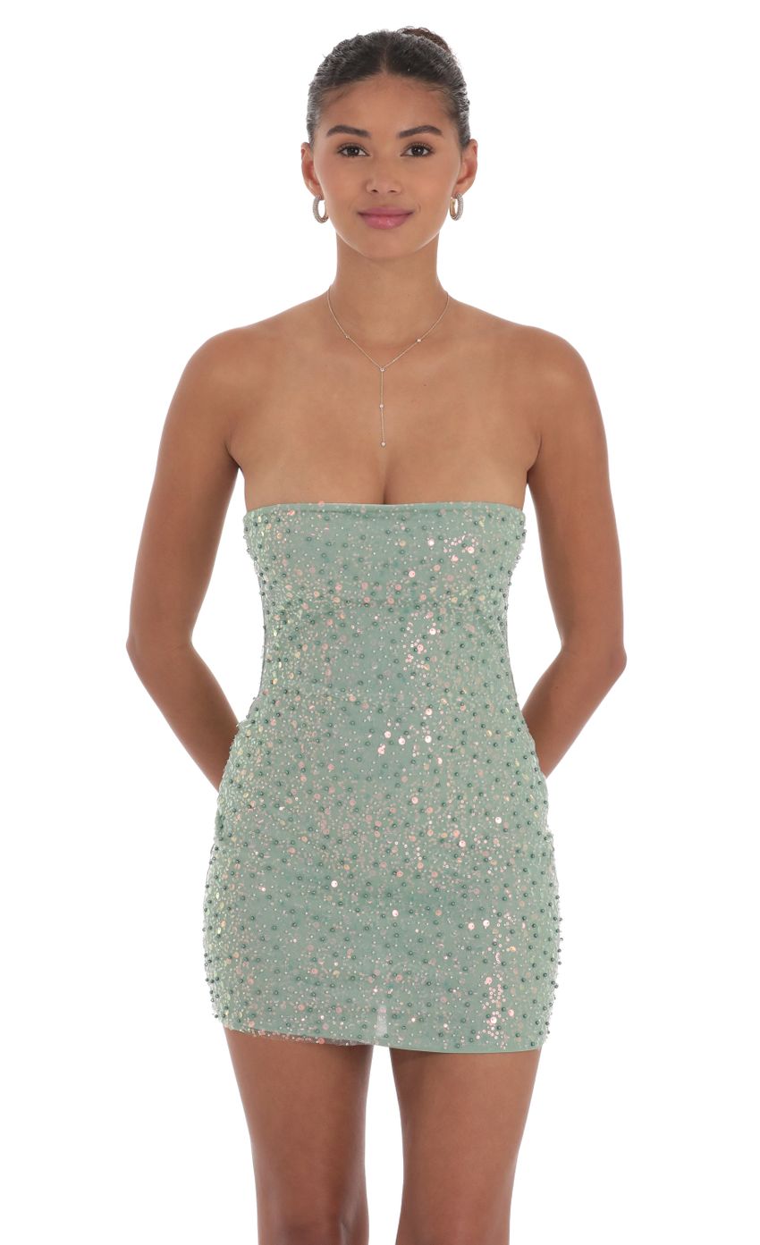 Picture Strapless Sequin Beaded Dress in Sage Green. Source: https://media-img.lucyinthesky.com/data/Sep24/850xAUTO/5cbc3289-4b1c-457d-a65c-0b9098c16631.jpg